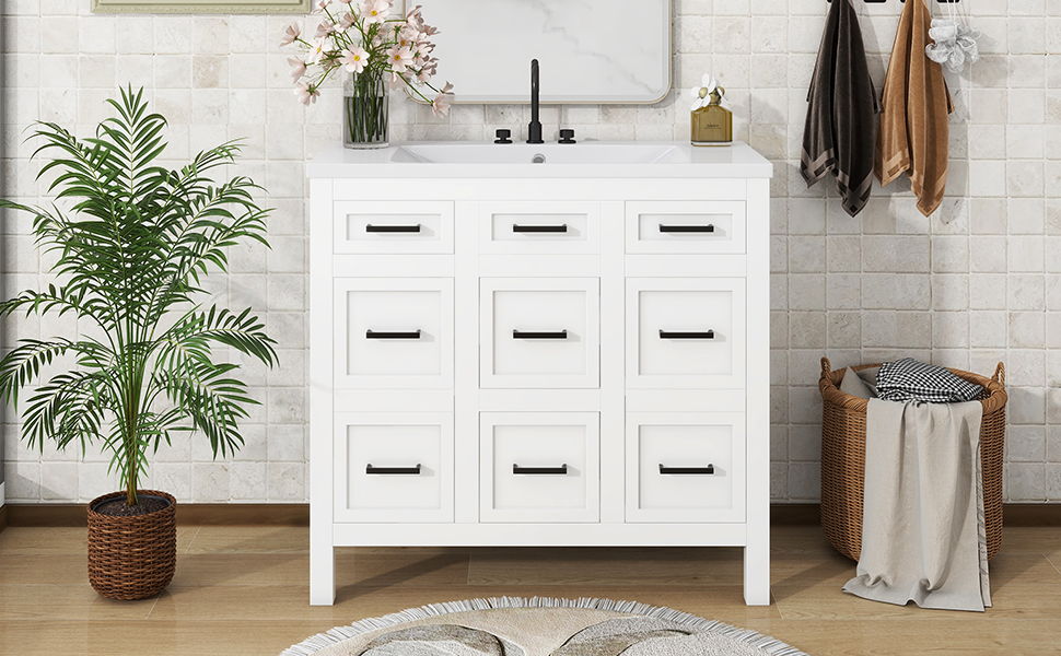 Bathroom Vanity Cabinet With Resin Integrated Sink 4 Drawers, 2 Doors - White