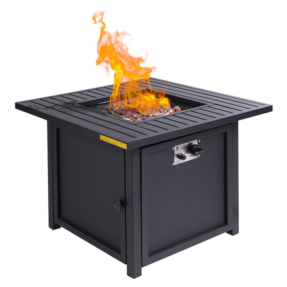 Square Slat Top Fire Pit Table With Lid - Black