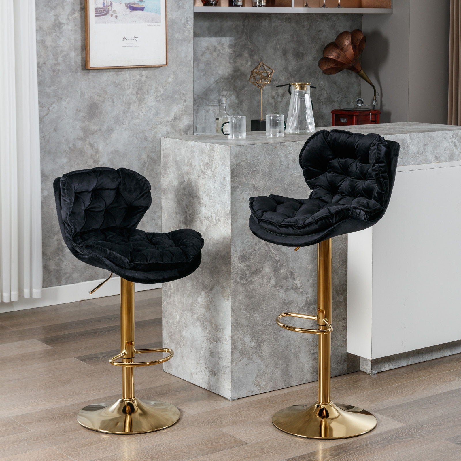 Swivel Bar Stools (Set of 2), Velvet Counter Height Adjustable Barstools, Dining Bar Chairs Upholstered Modern Bar Stool For Kitchen Island, Cafe, Bar Counter, Dining Room