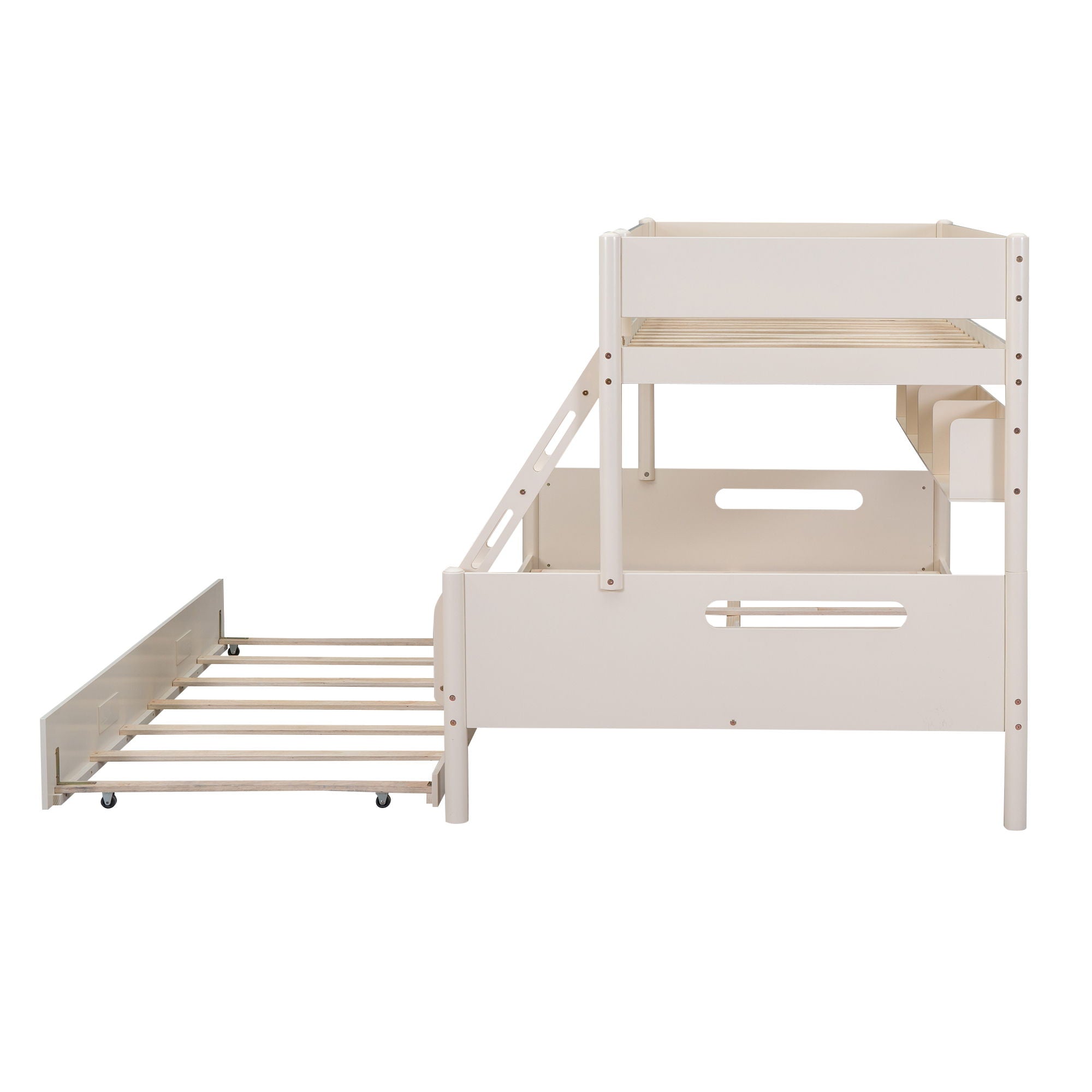 Wood Twin Over Full Bunk Bed With Storage Shelves And Twin Size Trundle - Cream