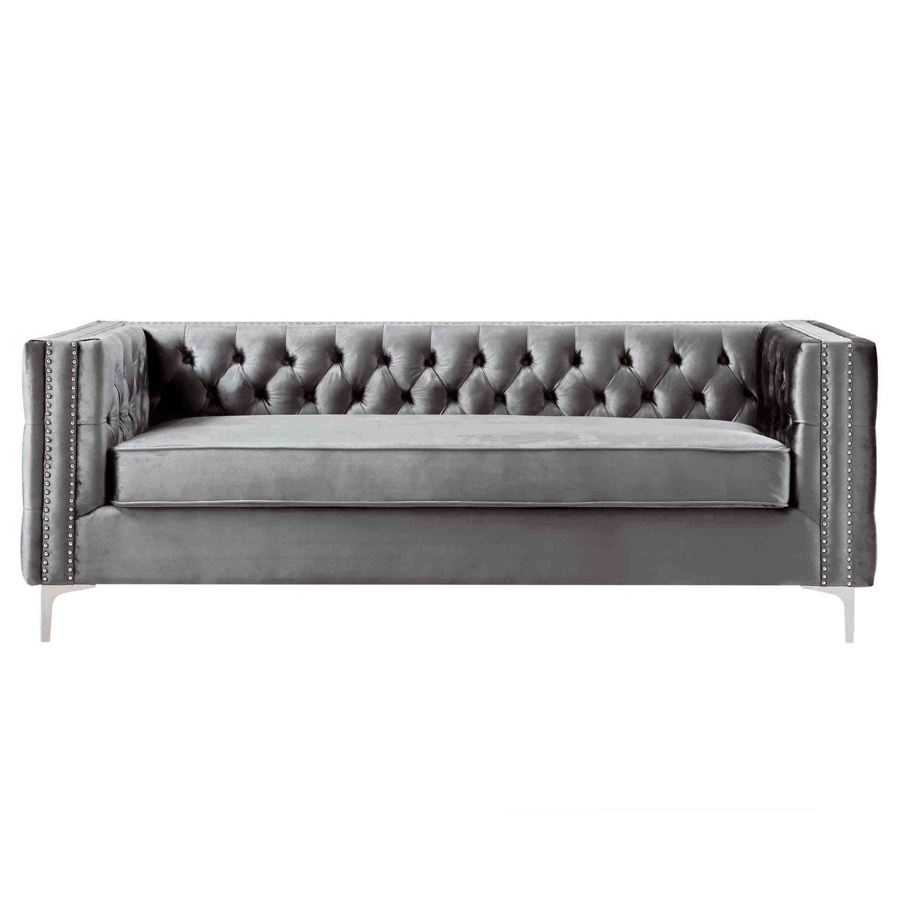 Velvet Sofa With Silver Legs - Gray