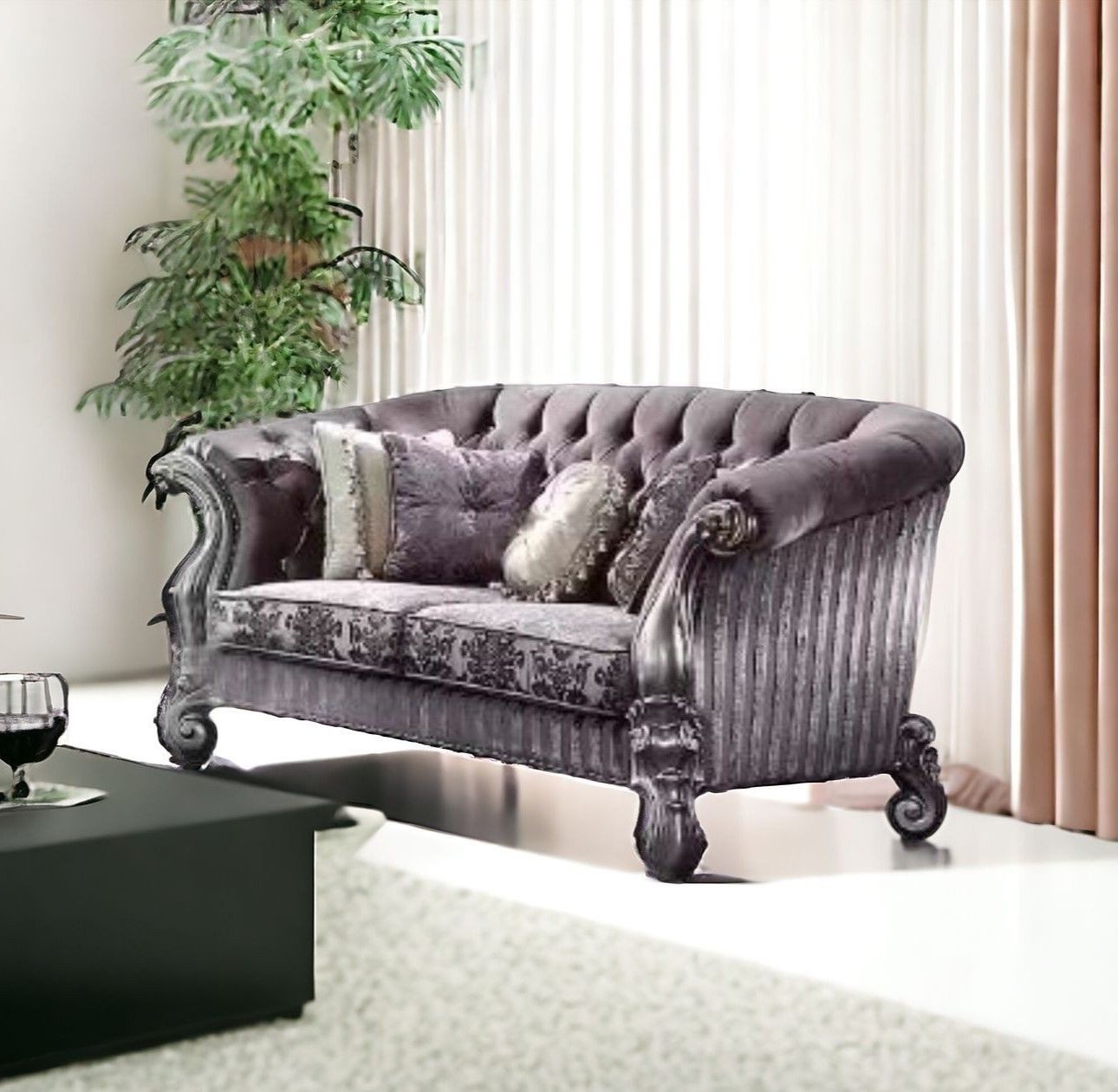 Velvet Loveseat And Toss Pillows - Purple / Platinum