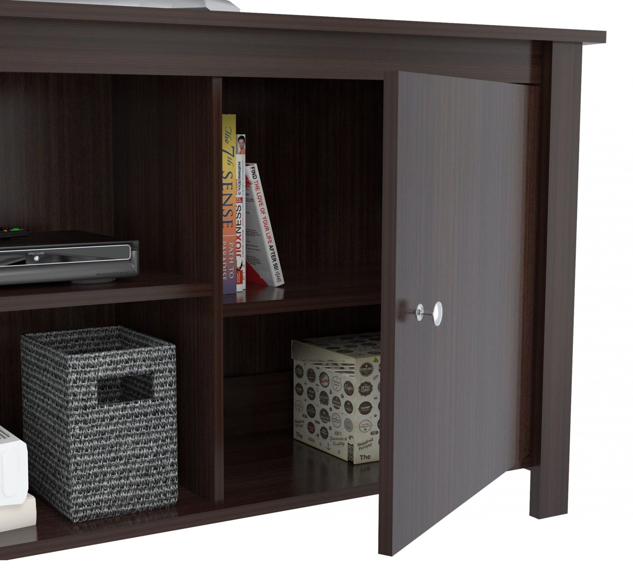 Wood And Metal Cabinet Enclosed Storage Mirrored TV Stand - Dark Brown