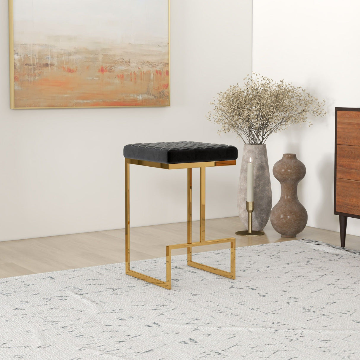 Joel - Mid-Century Modern Luxury Upholstered Stool - Black / Gold by Ashcroft Furniture | Bel Furniture