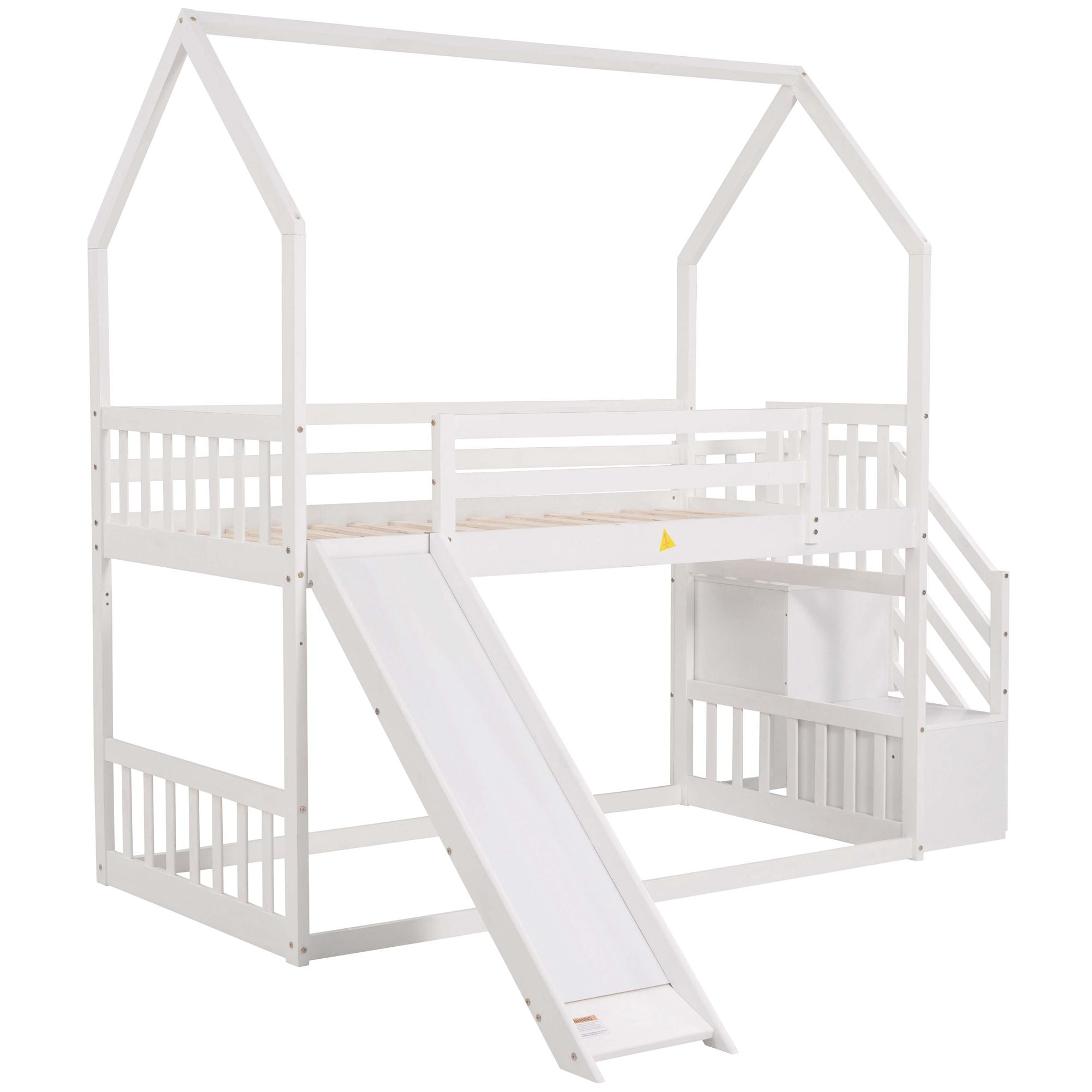 Twin Over Twin House Bunk Bed With Convertible Slide, Storage Staircase