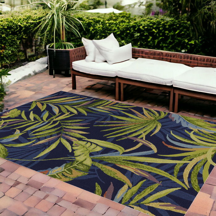 8' X 10' Hand Hooked UV Treated Oversized Tropical Leaves Indoor / Outdoor Area Rug - Ink Blue