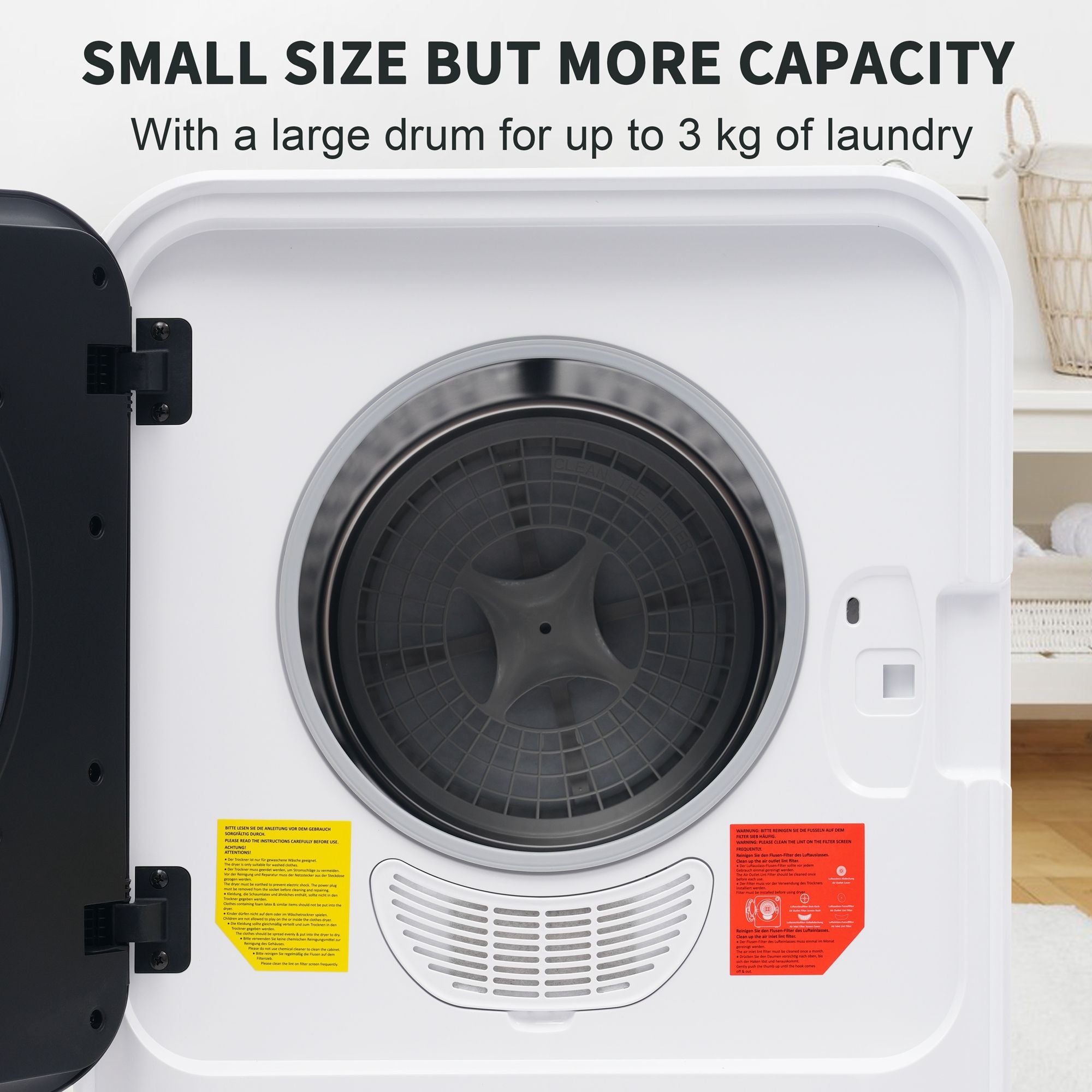 1.95 Cu.Ft Front Load Clothes Dryer, Portable Compact Dryer 830W, 5 Drying Modes, Stainless Steel Drum, With Overheat Protection, Dust Removal, Deodorization And Lint Removal Functions - Black / White