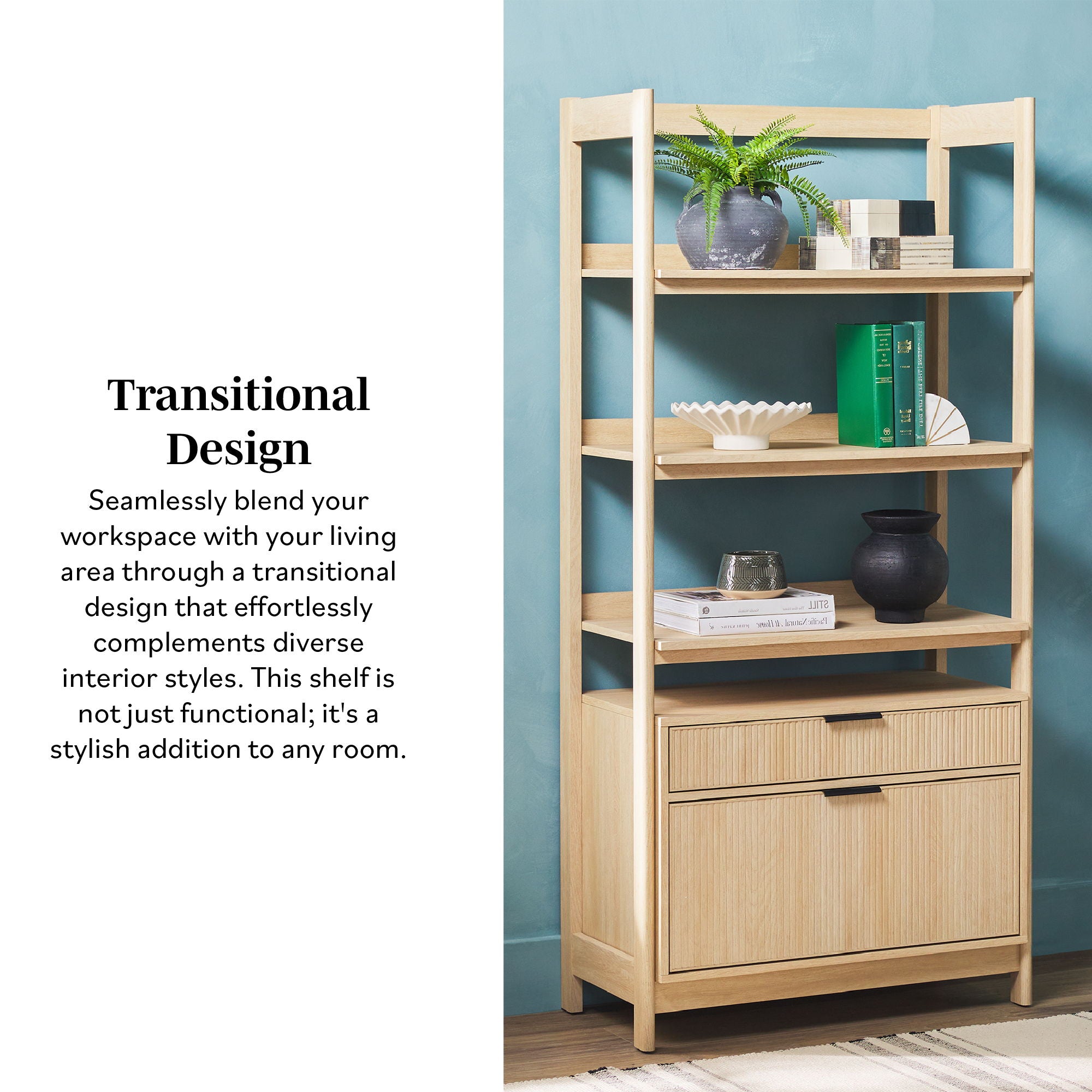 Transitional Wide Reeded Bookshelf With Drawers On Bottom - Oak