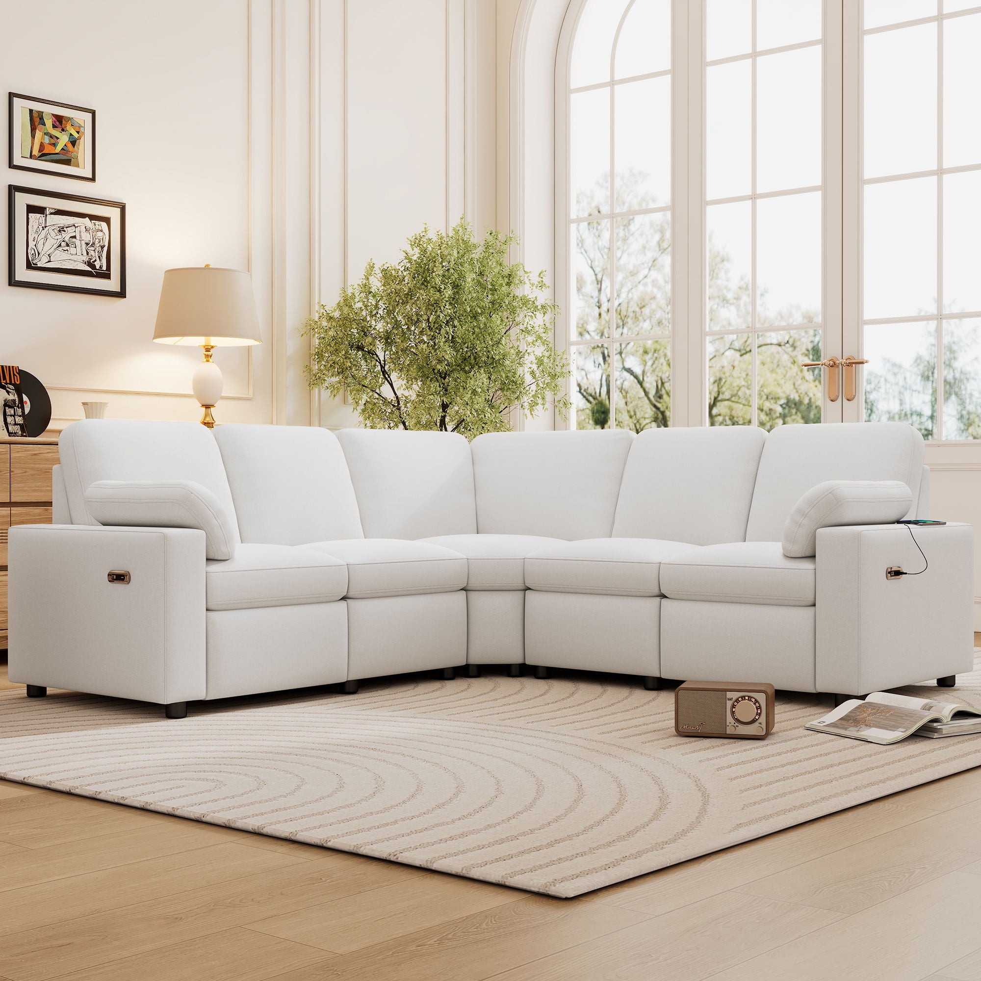 Power Recliner Sectional Sofa Home Theater Reclining Sofa With Two USB Ports, Two Storage Drawers For Living Room