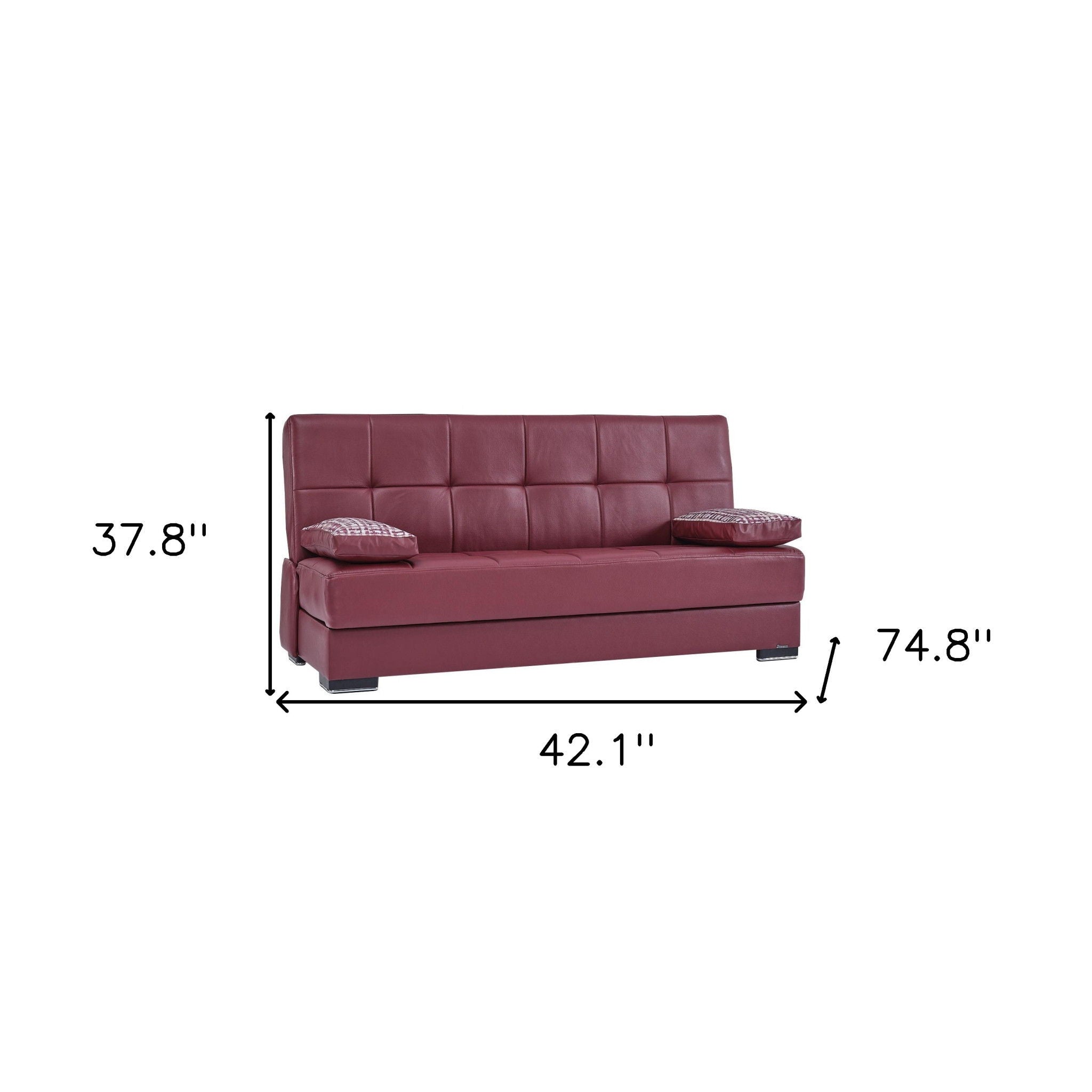 Faux Leather Convertible Futon Sleeper Sofa And Toss Pillows With Brown Legs - Burgundy