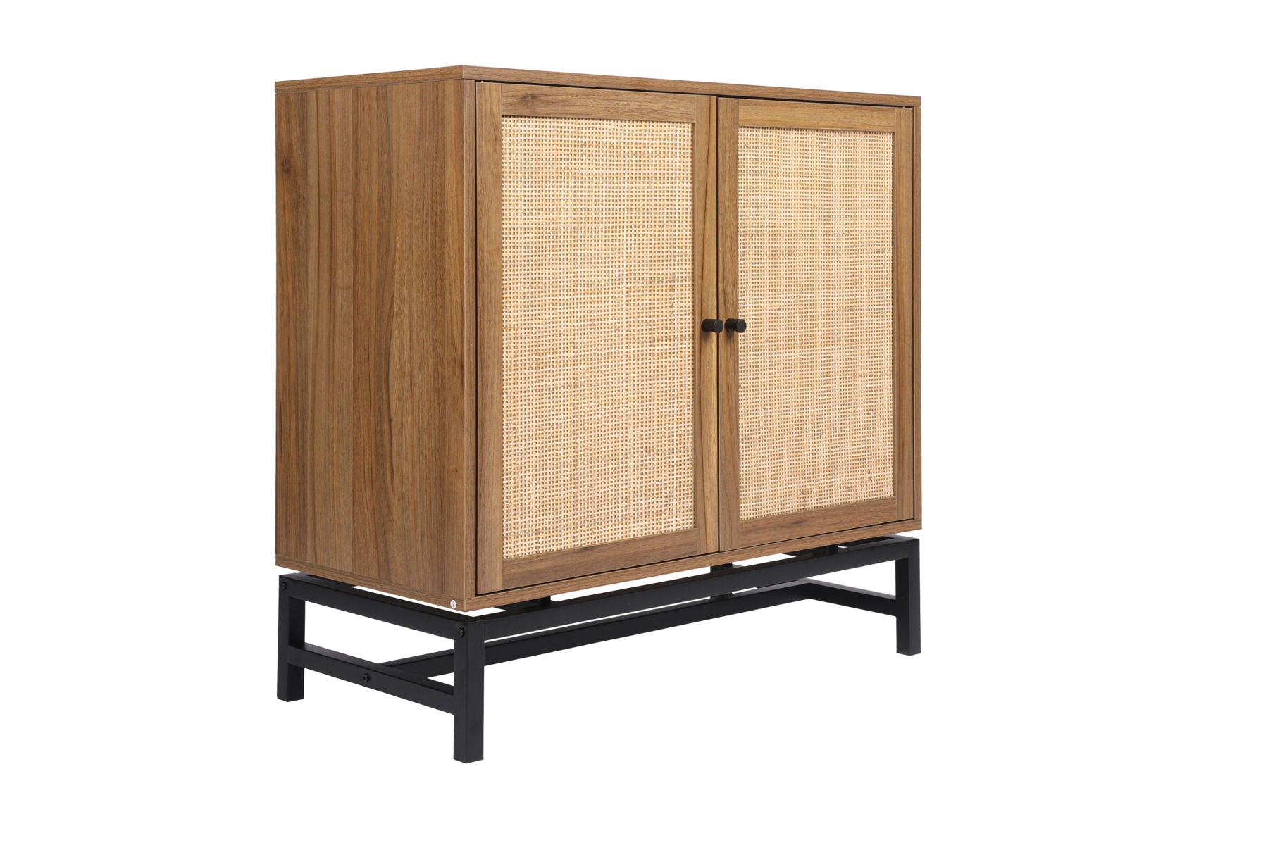 2 Door Cabinet, With 1 Adjustable Inner Shelves, Rattan, Accent Storage Cabinet (Set of 2) - Walnut