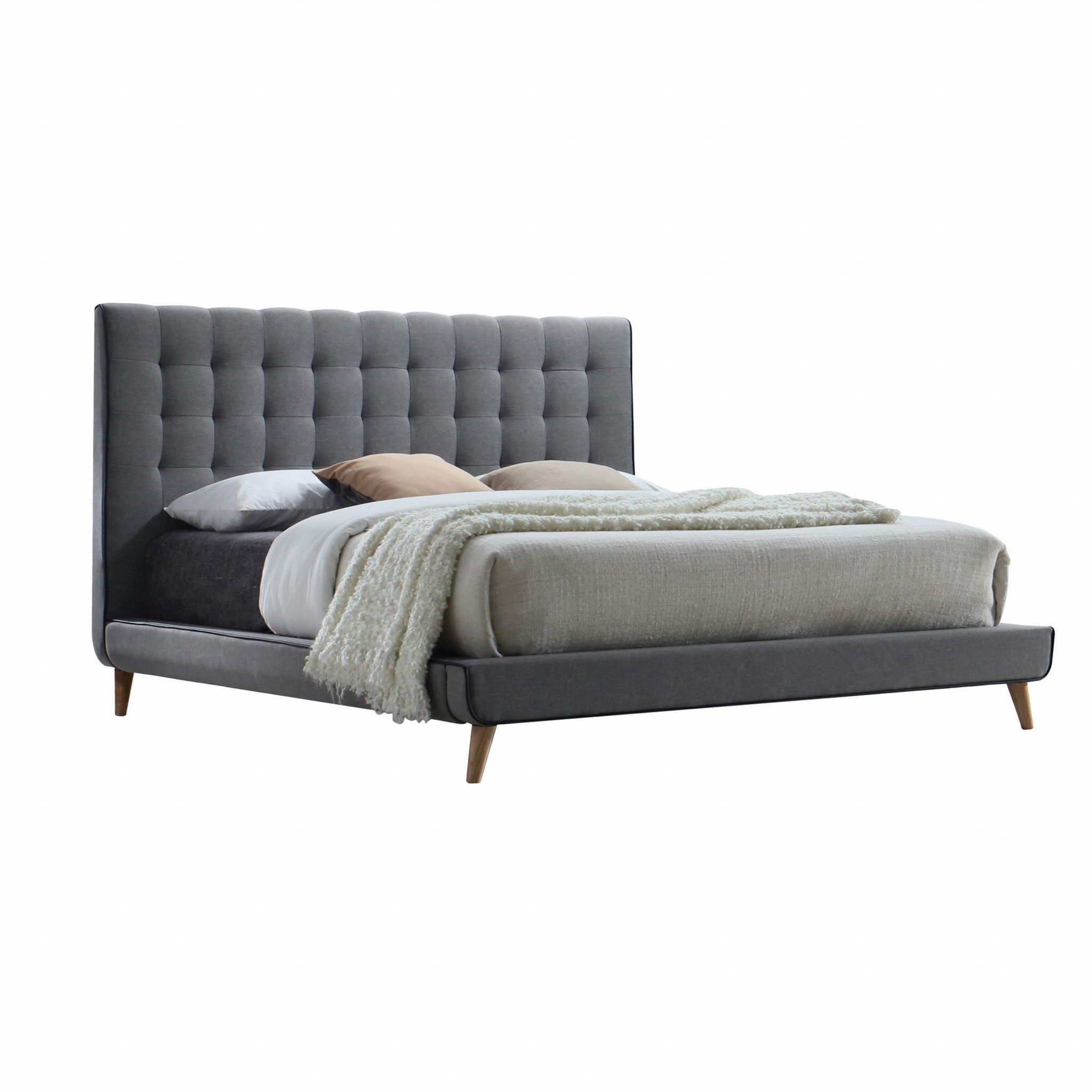 Buttonless Tufted Fabric Queen Bed With Natural Finish Legs - Light Gray