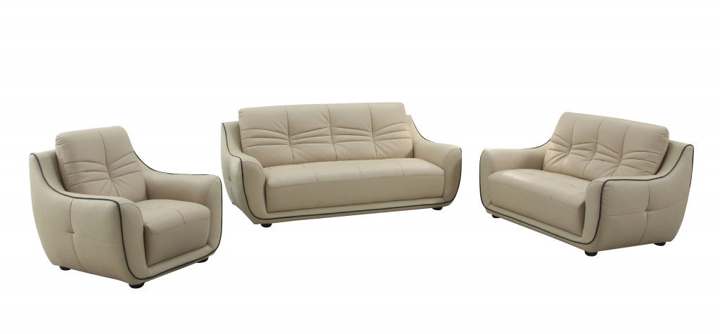 Three Piece Six Person Indoor Genuine Leather Seating Set - Beige