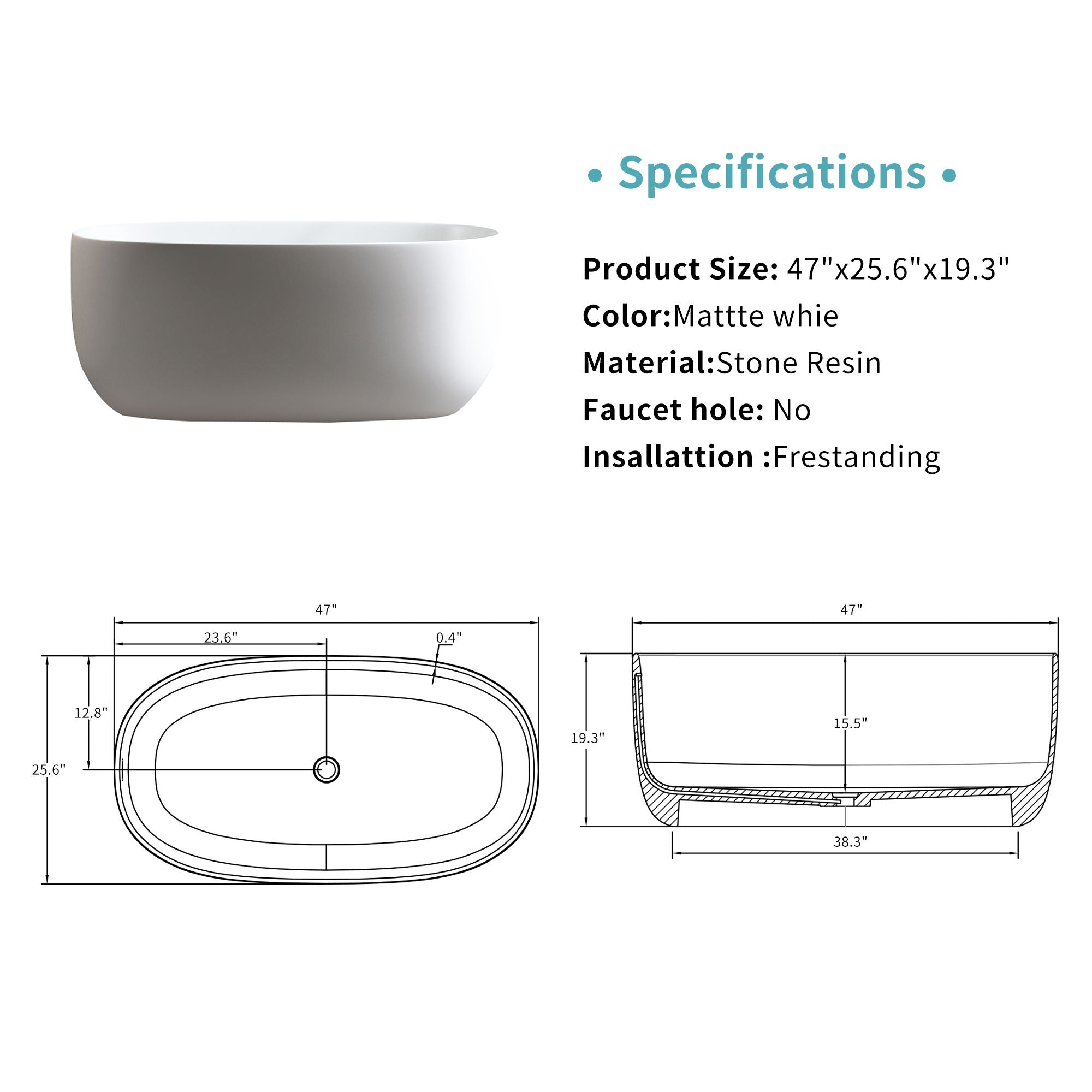 Independent Solid Surface Resin Stone Bathtub, A Modern Designed Independent Bathtub With Pop-Up Drainage And Overflow Pipes, Suitable For Small Households - Matte White