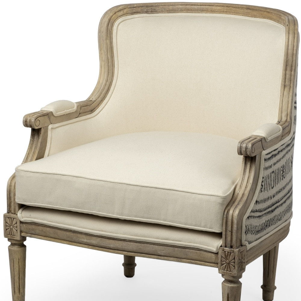 Elizabeth Fabric Seat Accent Chair With Wooden Base Detailed Back - Cream