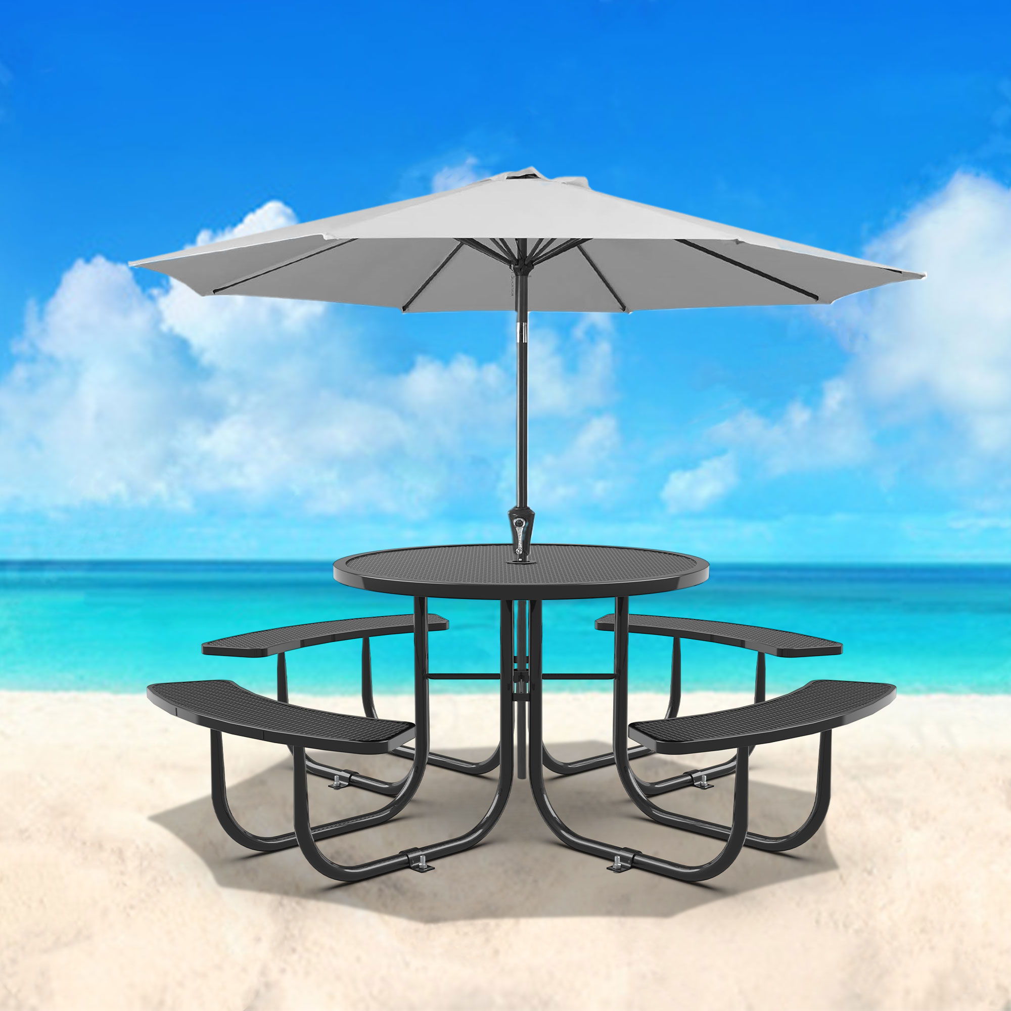 Round Outdoor Steel Picnic Table 46" With Umbrella Pole - Black