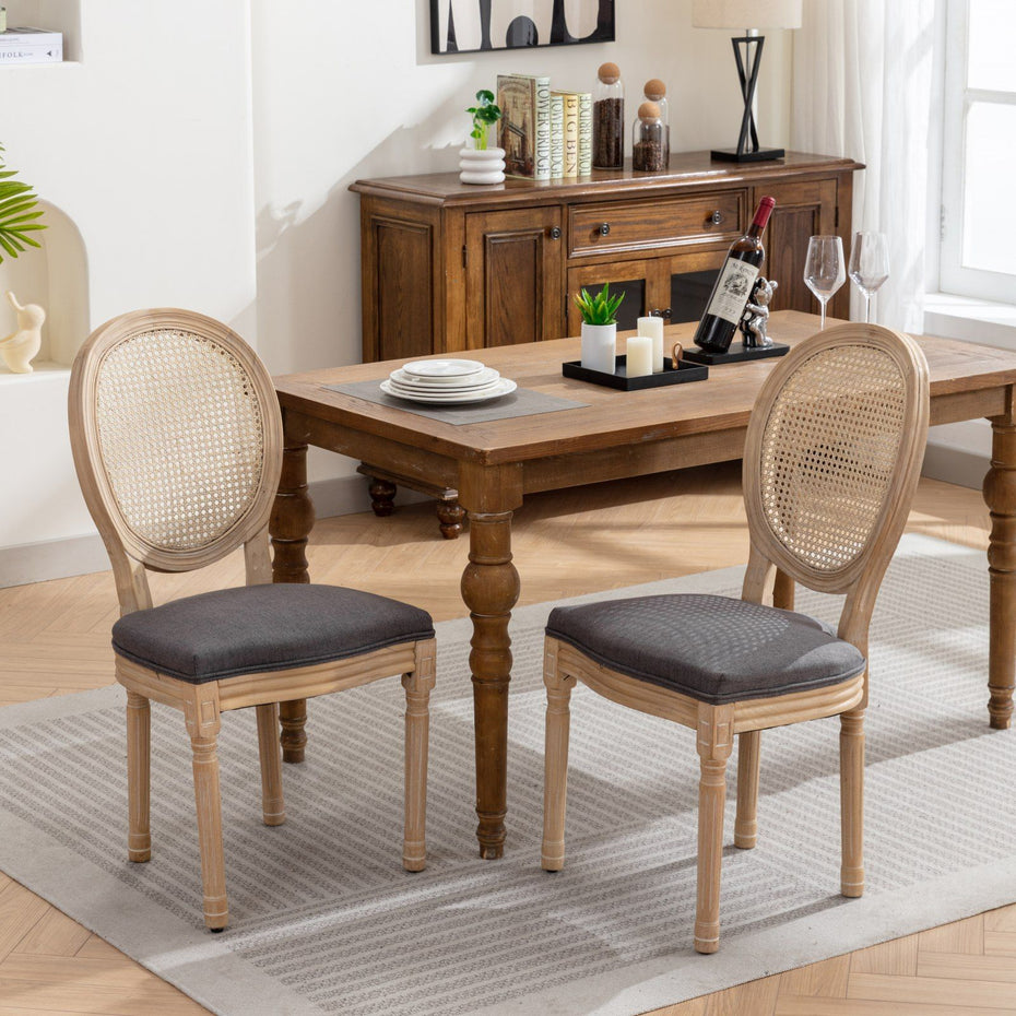 French Style Solid Wood Frame Antique Painting Linen Fabric Rattan Back Dining Chair (Set of 2)