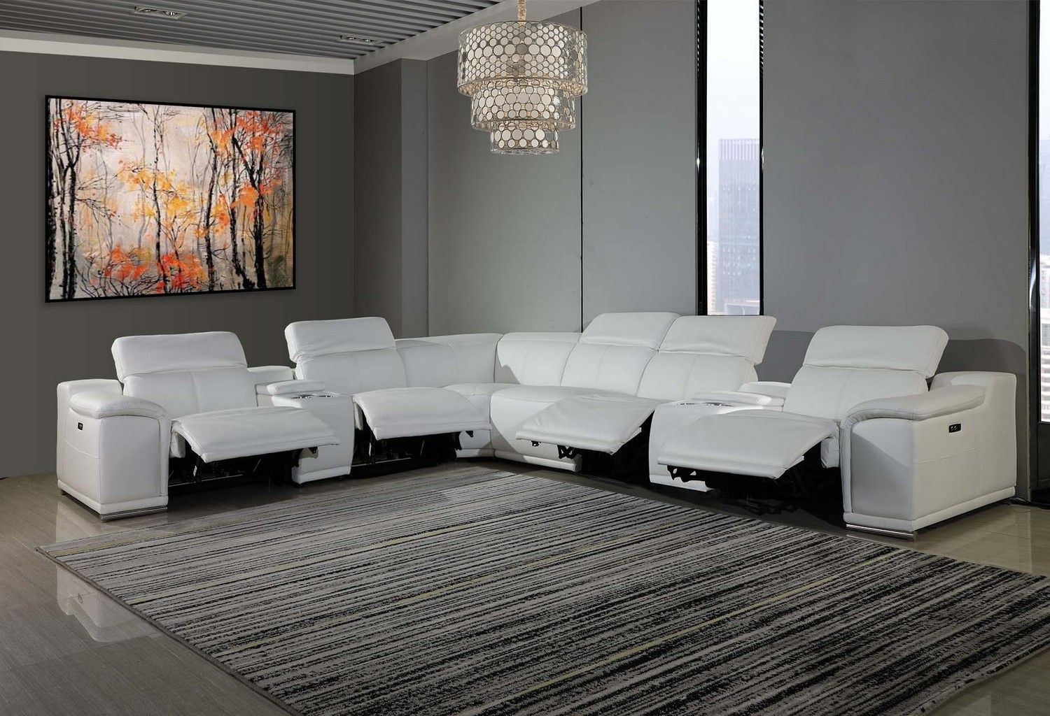 Italian Leather Power Reclining With Console U Shaped Eight Piece Corner Sectional - White