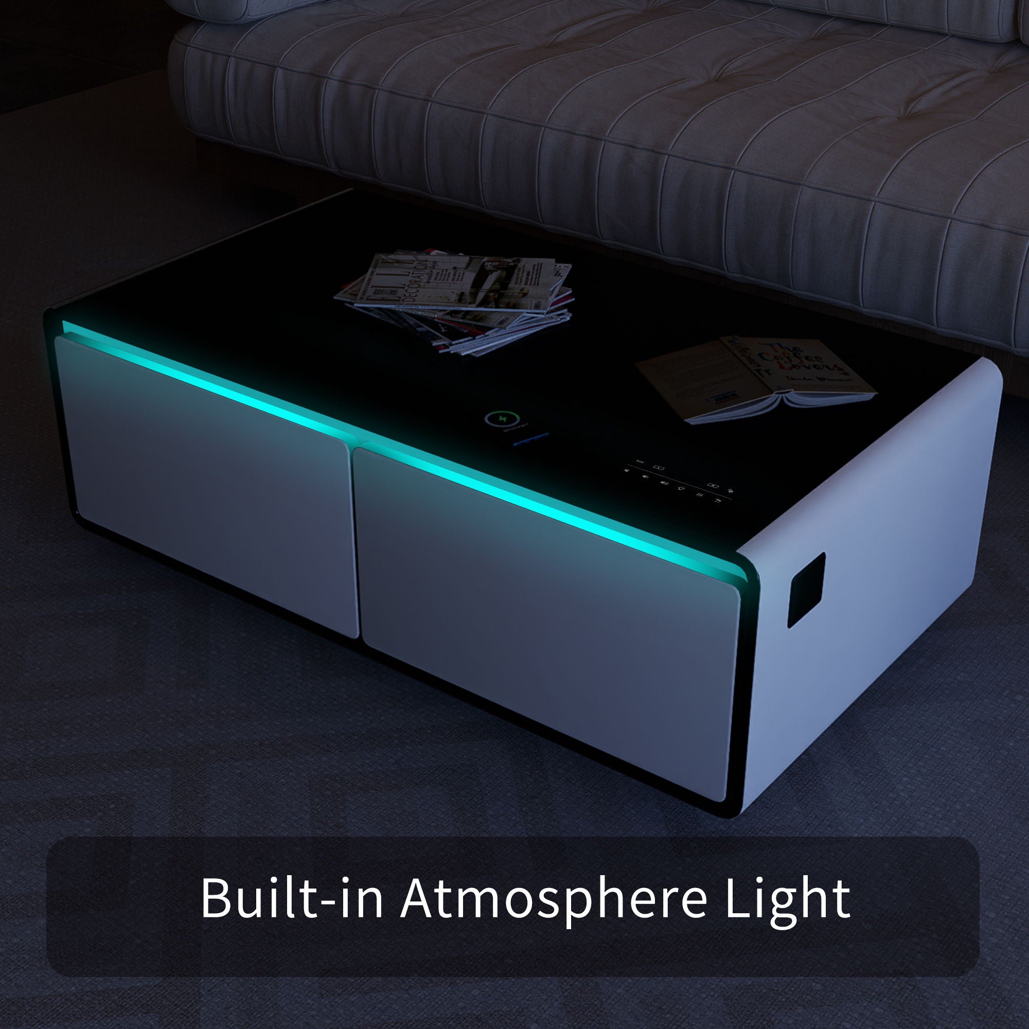 Modern Smart Coffee Table With Built-In Fridge, Bluetooth Speaker, Wireless Charging Module, Touch Control Panel, Power Socket, USB Interface, Outlet Protection, Atmosphere Light