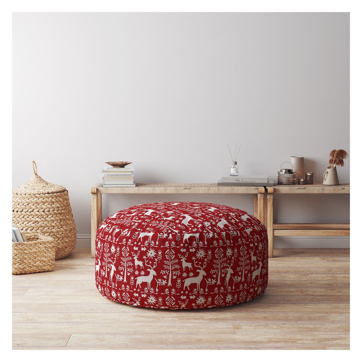 Cotton Round Stag Pouf Ottoman - Red / White