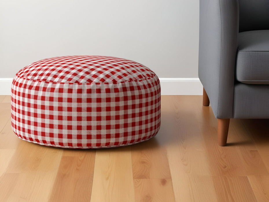 Cotton Round Gingham Pouf Ottoman - Red / White