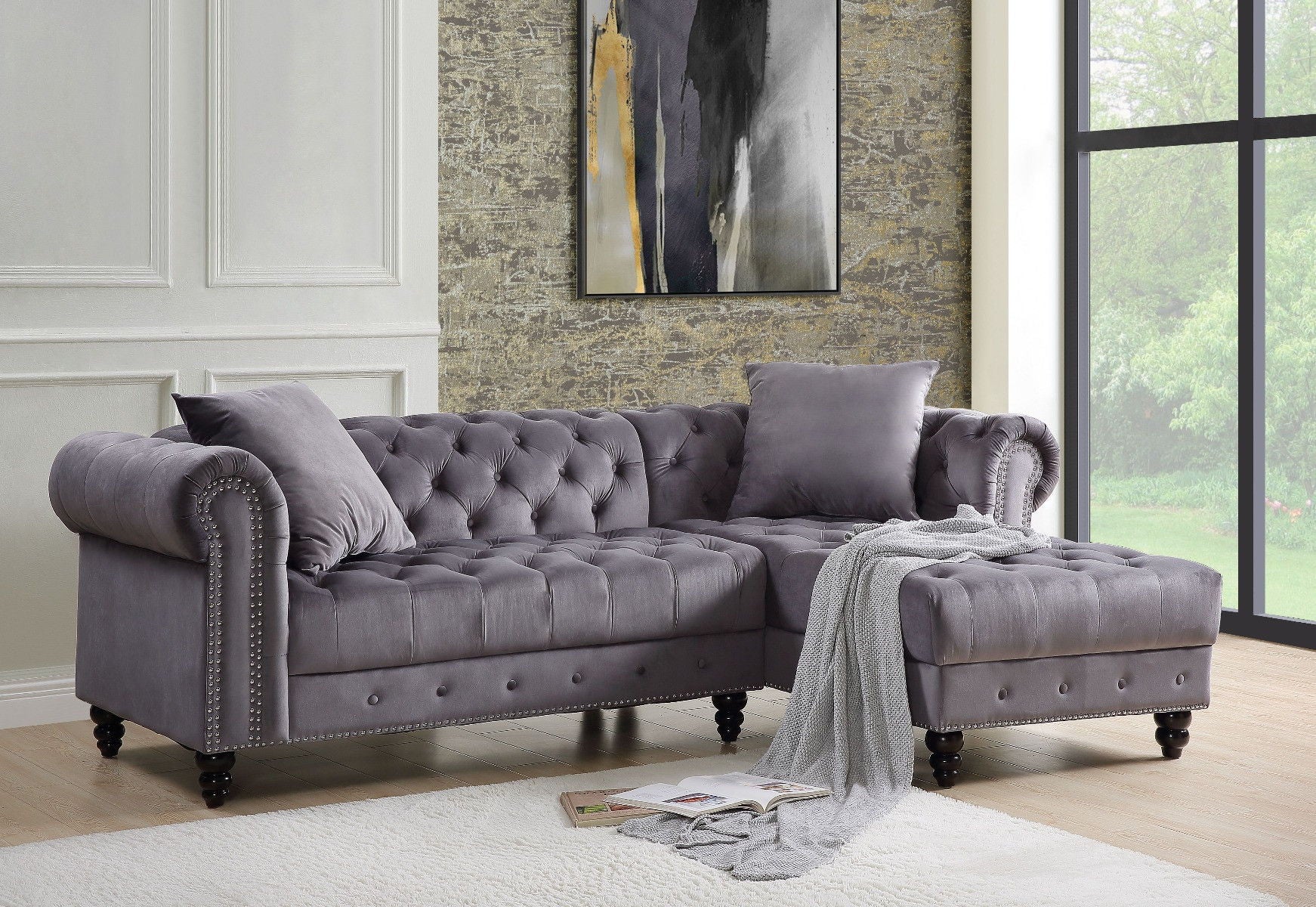 Velvet L Shaped Sofa And Chaise Sectional And Toss Pillows - Gray