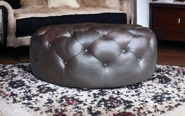 Genuine Leather And Dark Brown Tufted Round Ottoman - Brown