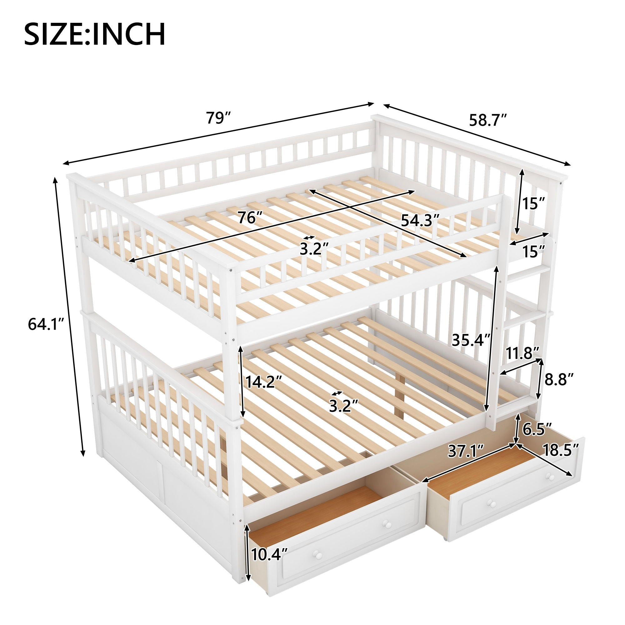 Full Over Full Bunk Bed With Drawers, Convertible Beds - White