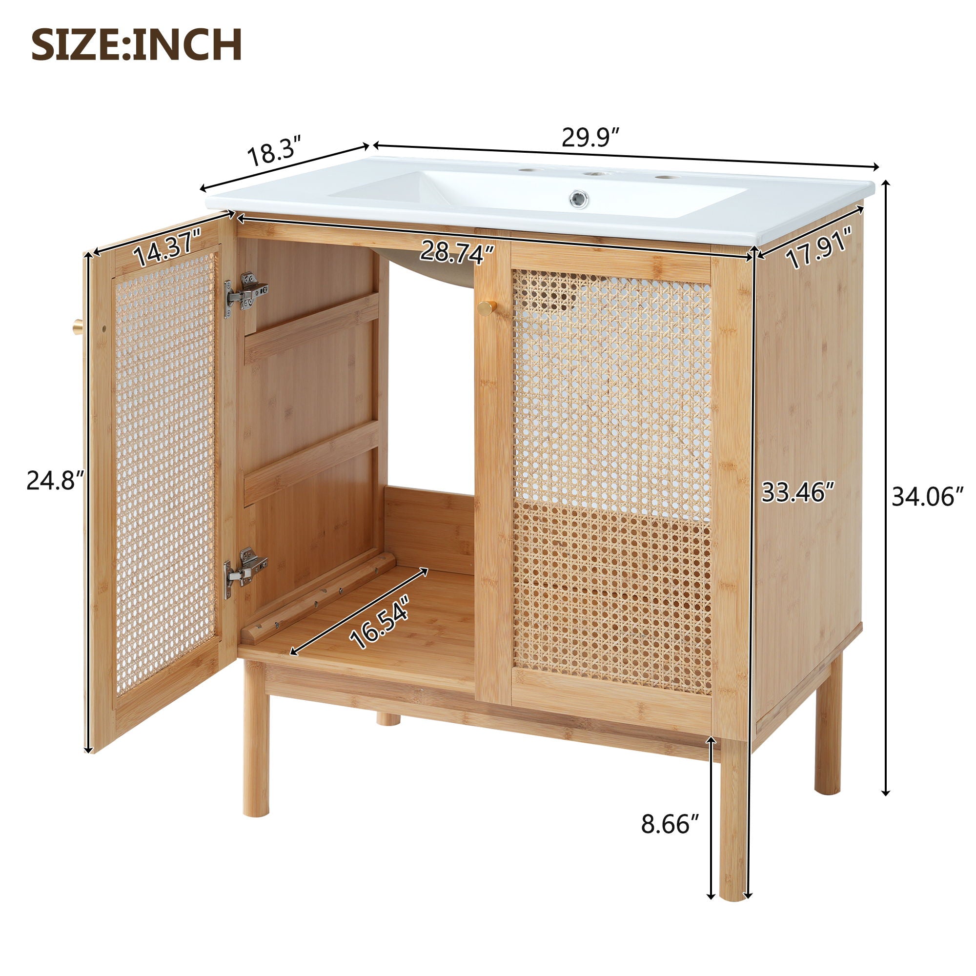 Bathroom Vanity Crafted From Natural Materials, Featuring Handmade Rattan Doors And Soft-Closing Mechanisms - Light Brown