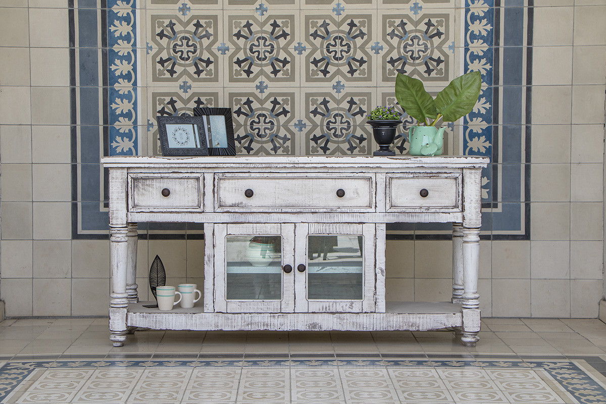 Solid Wood Open Shelving Distressed TV Stand - White