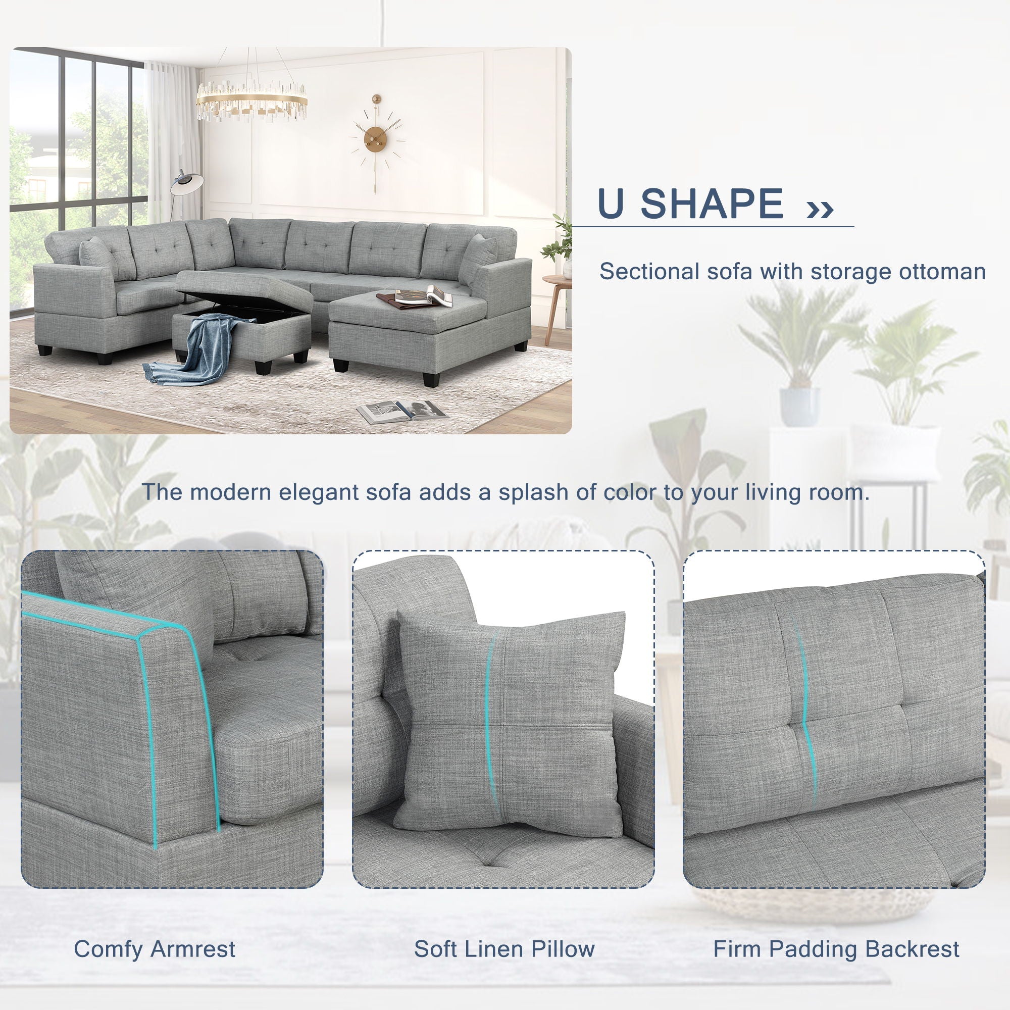 Oversized Sectional Sofa With Storage Ottoman, U-Shaped Sectional Couch With 2 Throw Pillows For Large Space Dorm Apartment