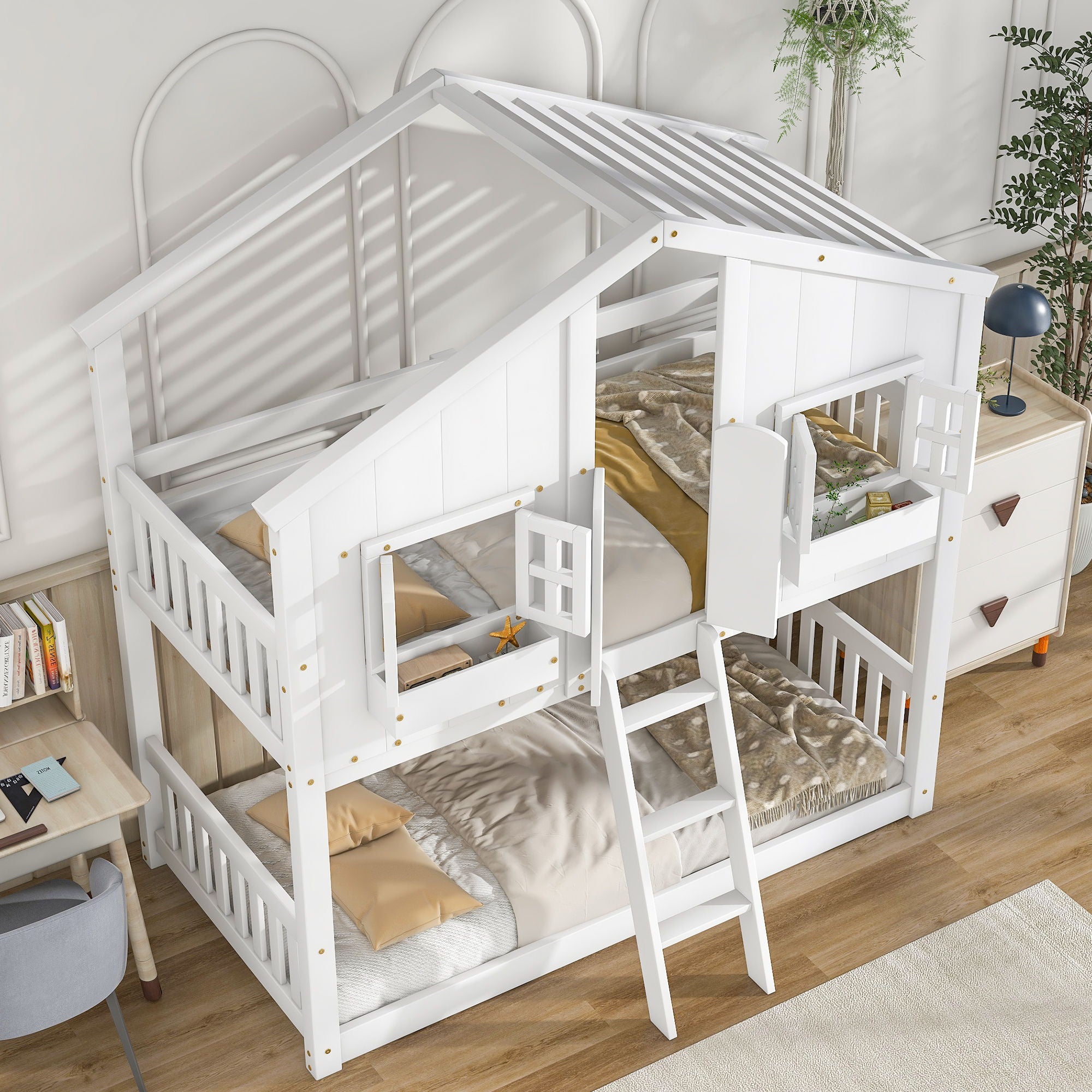 House Bunk Bed With Roof, Window, Window Box, Door, With Safety Guardrails And Ladder