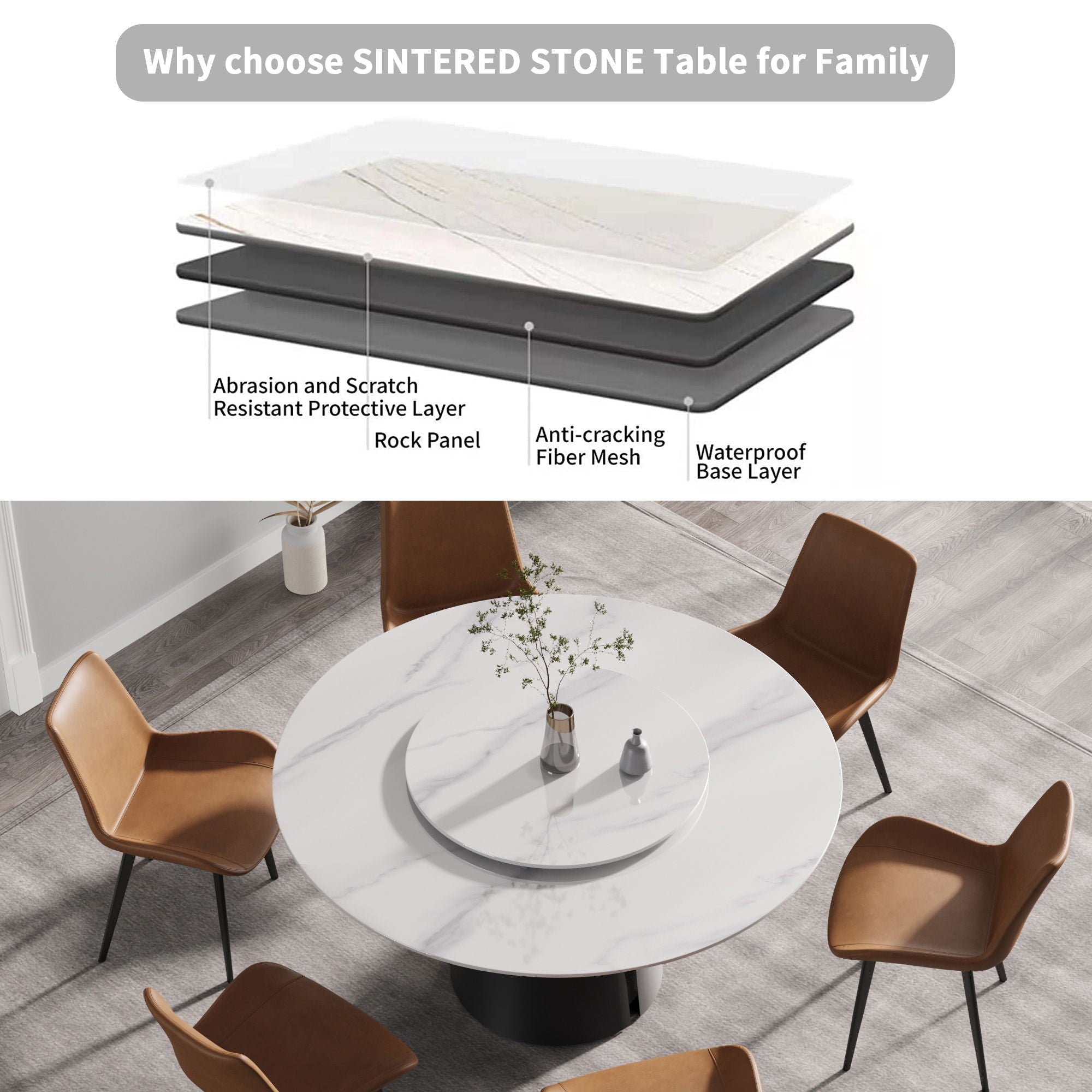 Modern Artificial Stone Round Carbon Steel Base Dining Table, Can Accommodate 6 People, Black Artificial Stone Turntable