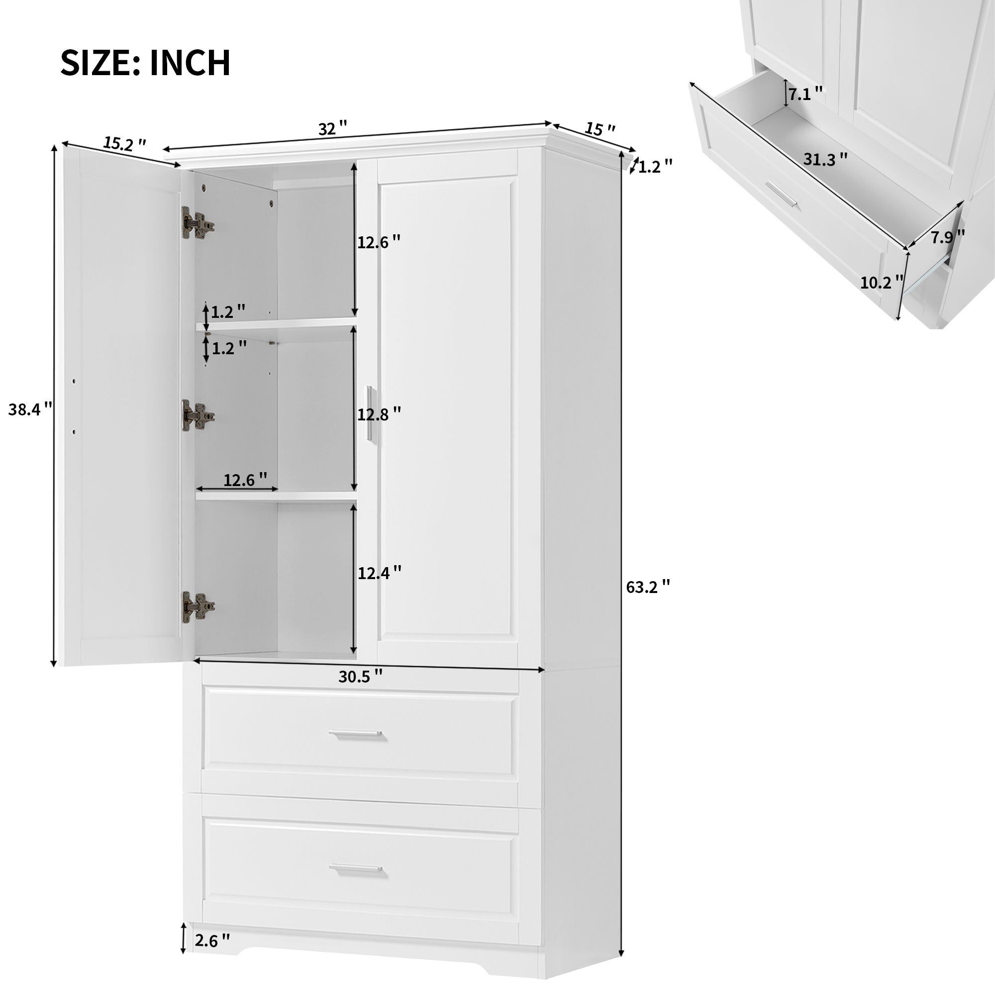 Tall Bathroom Storage Cabinet, With Two Doors And Drawers, Adjustable Shelf, MDF Board - White