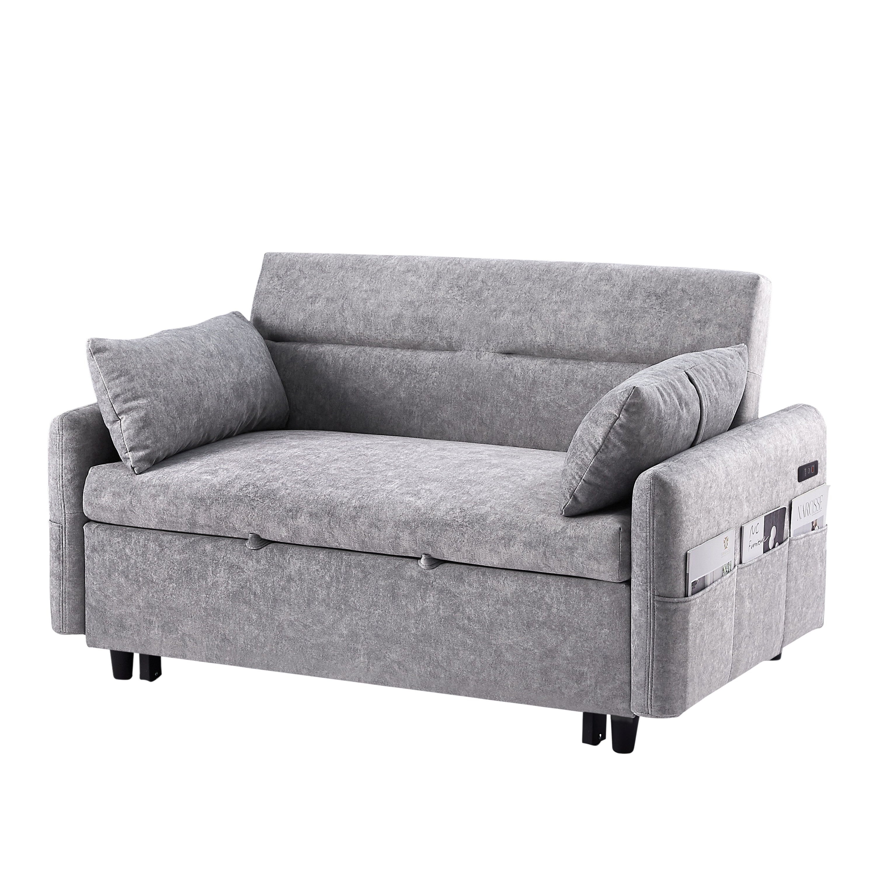 Pull Out Sleep Sofa Bed Loveseats Sofa Couch With Adjsutable Backrest, Storage Pockets, 2 Soft Pillows, USB Ports For Living Room, Bedroom, Apartment, Office