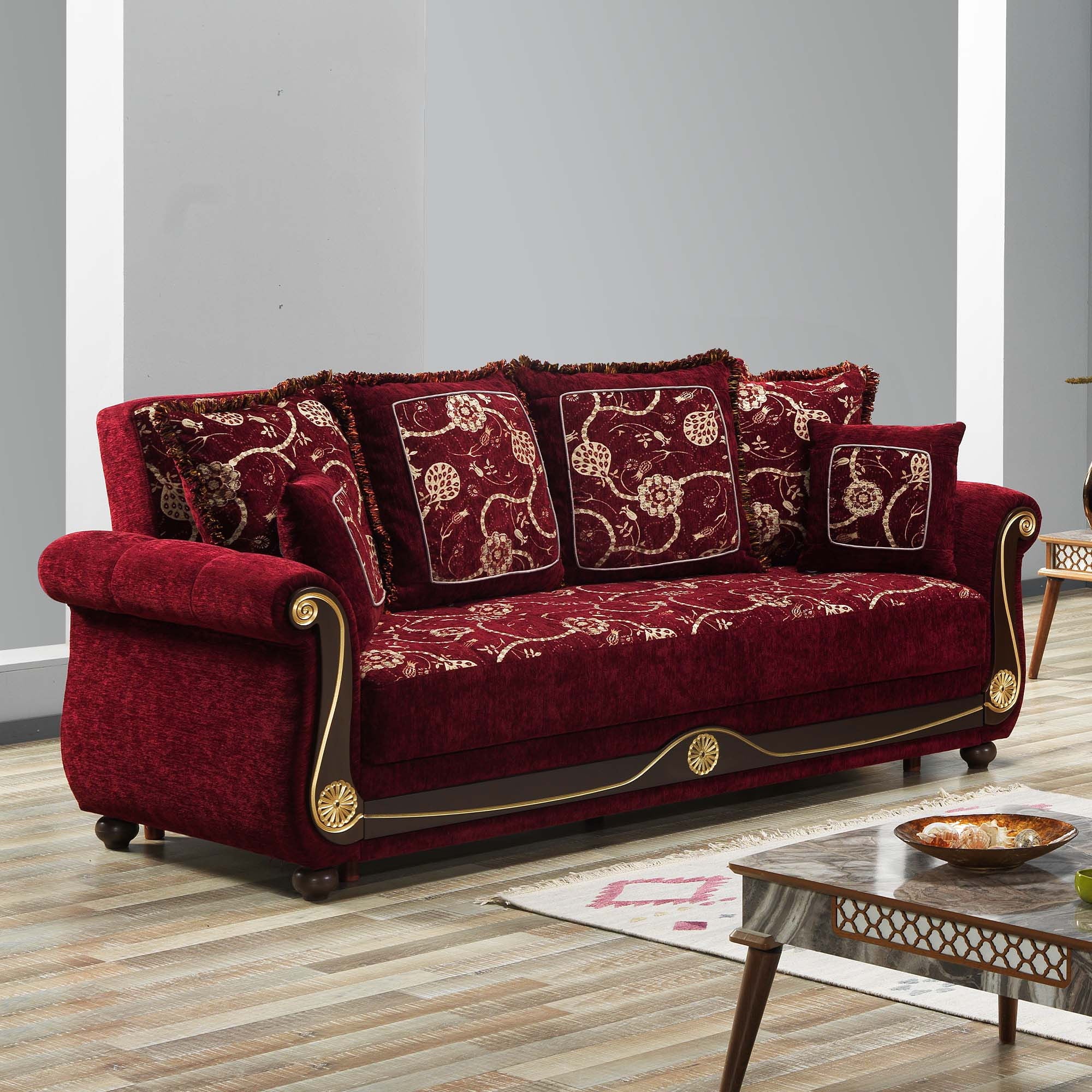 Chenille Paisley Sleeper Sofa And Toss Pillows - Burgundy