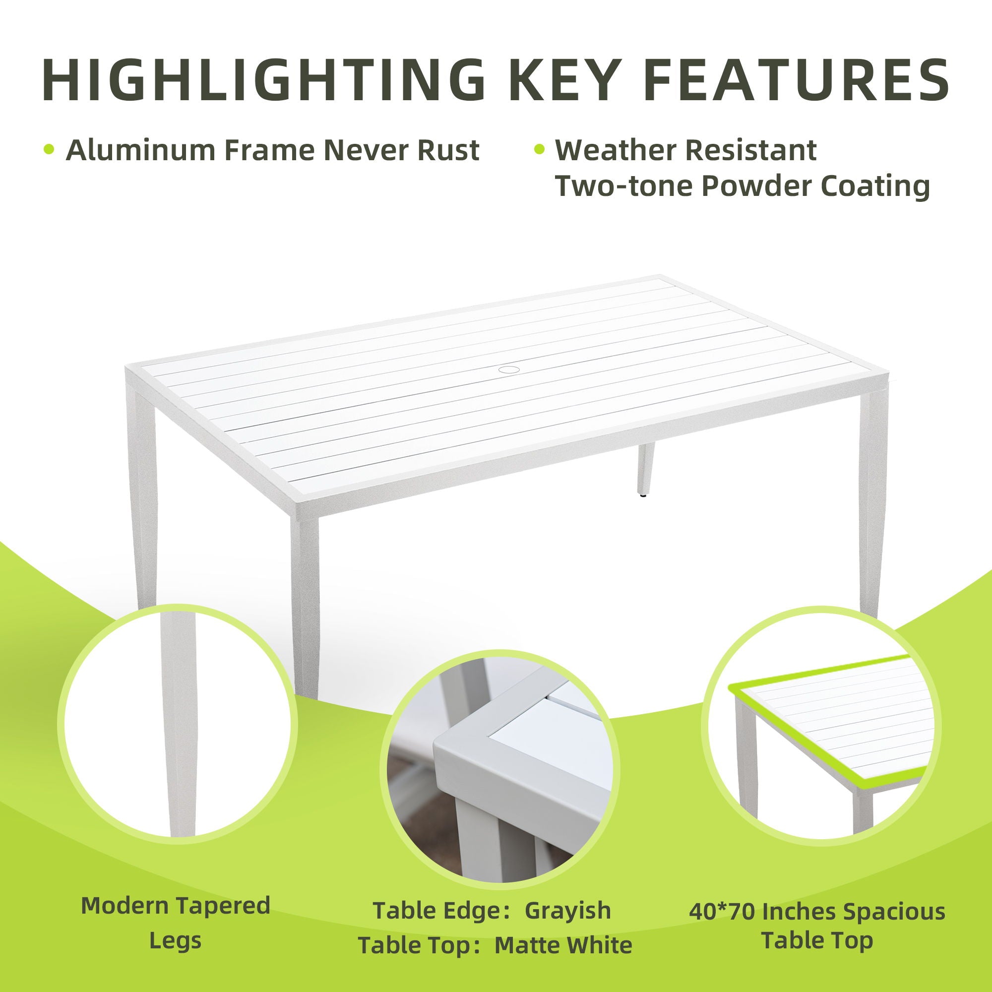 Outdoor Patio Rectangle Dining Table With Tapered Feet & Umbrella Hole