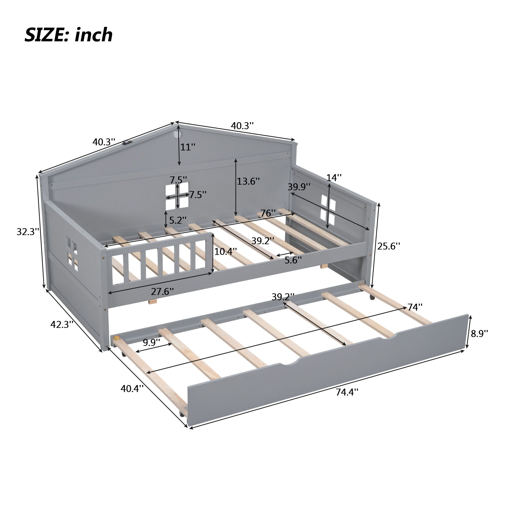 Wooden Daybed With Trundle And Sensor Light