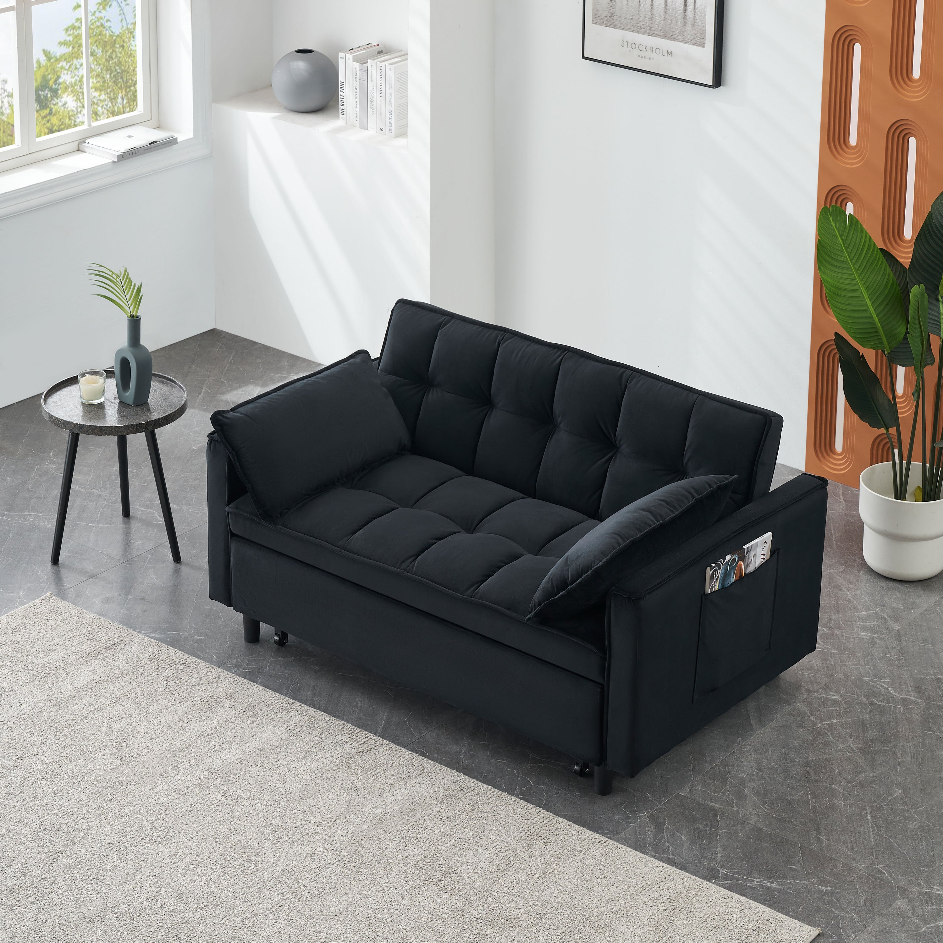 Modern Velvet Sofa, Sofa Pull-Out Bed, Small Love Seat Casual Sofa With Back, With Pillow, Pockets, Living Room Furniture, 3 In 1 Convertible Sleep Sofa Bed