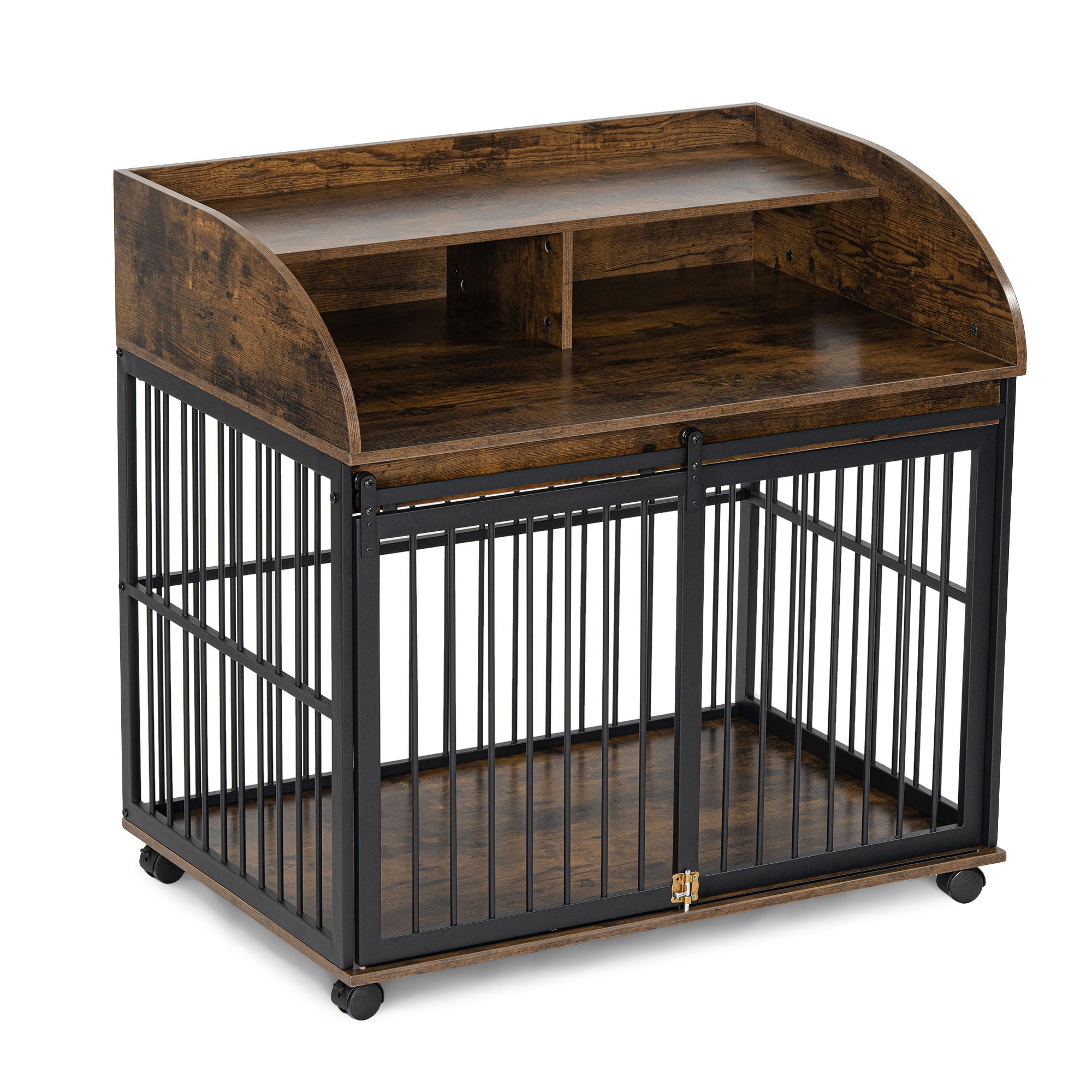 Heavy Duty Dog Crate Furniture For Medium Dog With Lockable Wheels, Wooden Dog Crate Dog Kennel, End Table Crate With Double Layer Storage