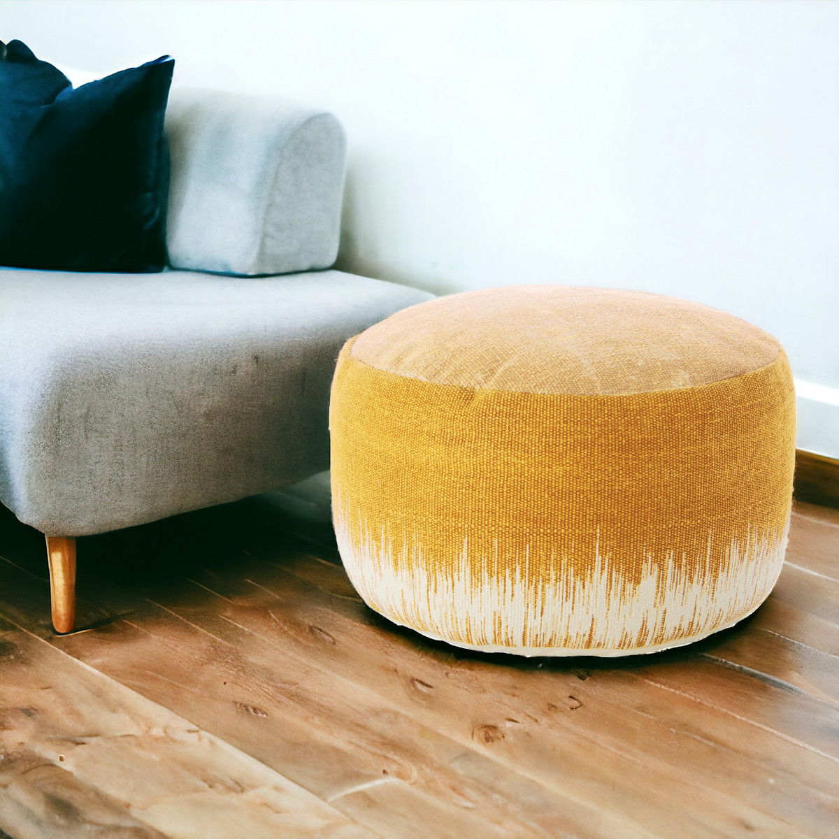 Cotton Round Abstract Pouf Ottoman - Yellow / White