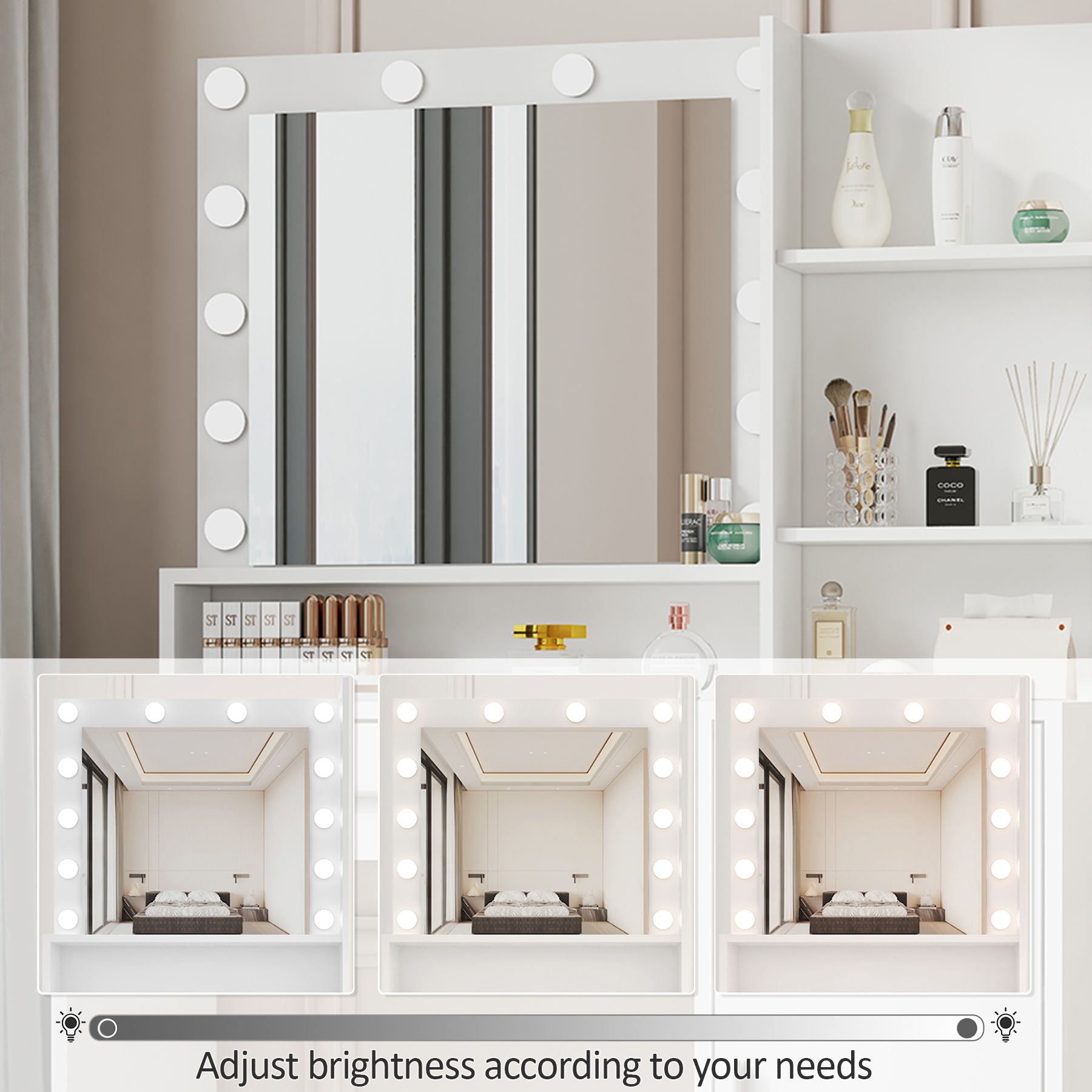 Vanity Desk With Mirror & Light, Large Drawer Three Level Storage Dresser, 3 Lighting Modes Adjustable Brightness, Bedroom Dressing Table (With Stool) - White