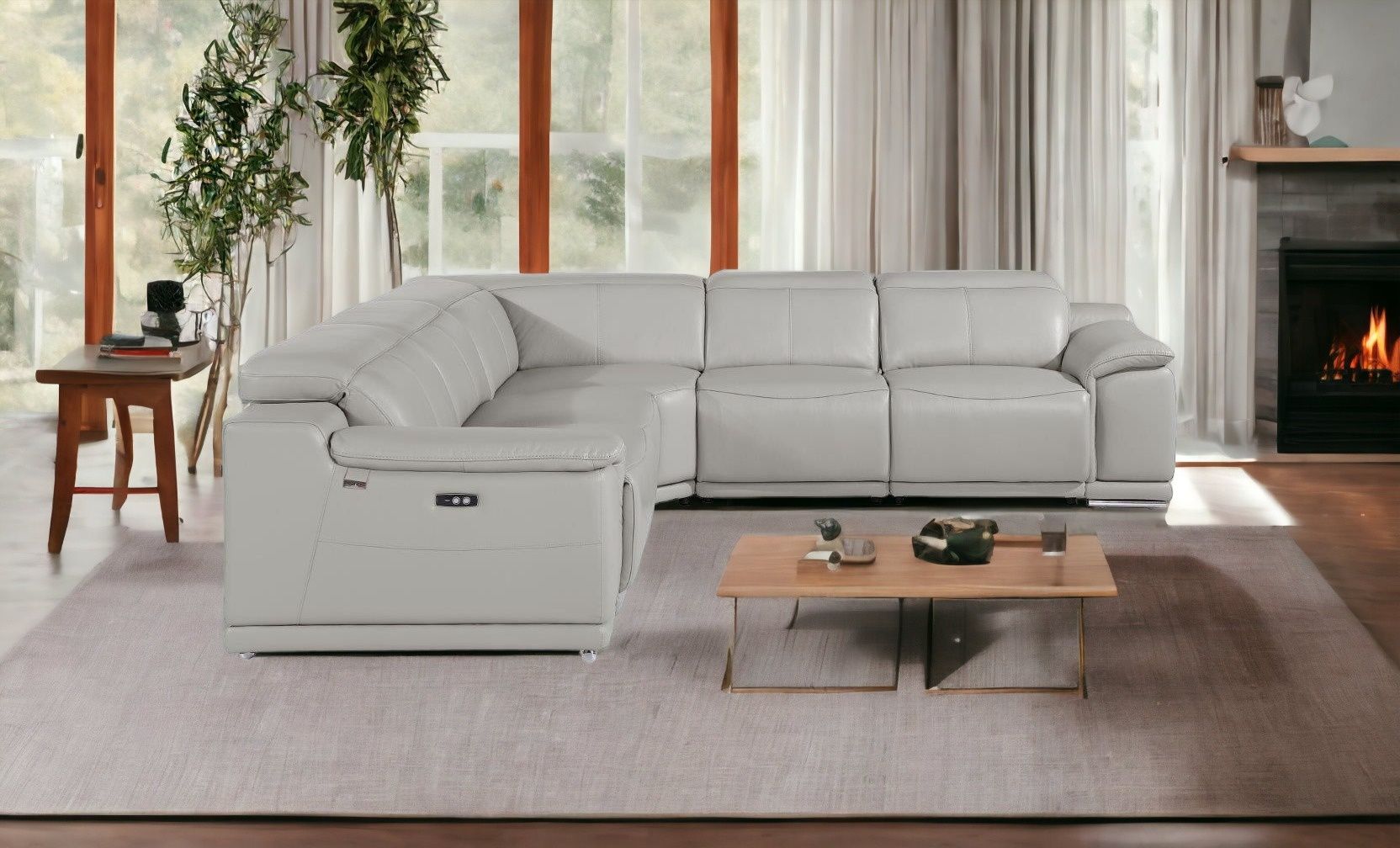 Italian Leather Power Reclining U Shaped Five Piece Corner Sectional With Console - Light Gray