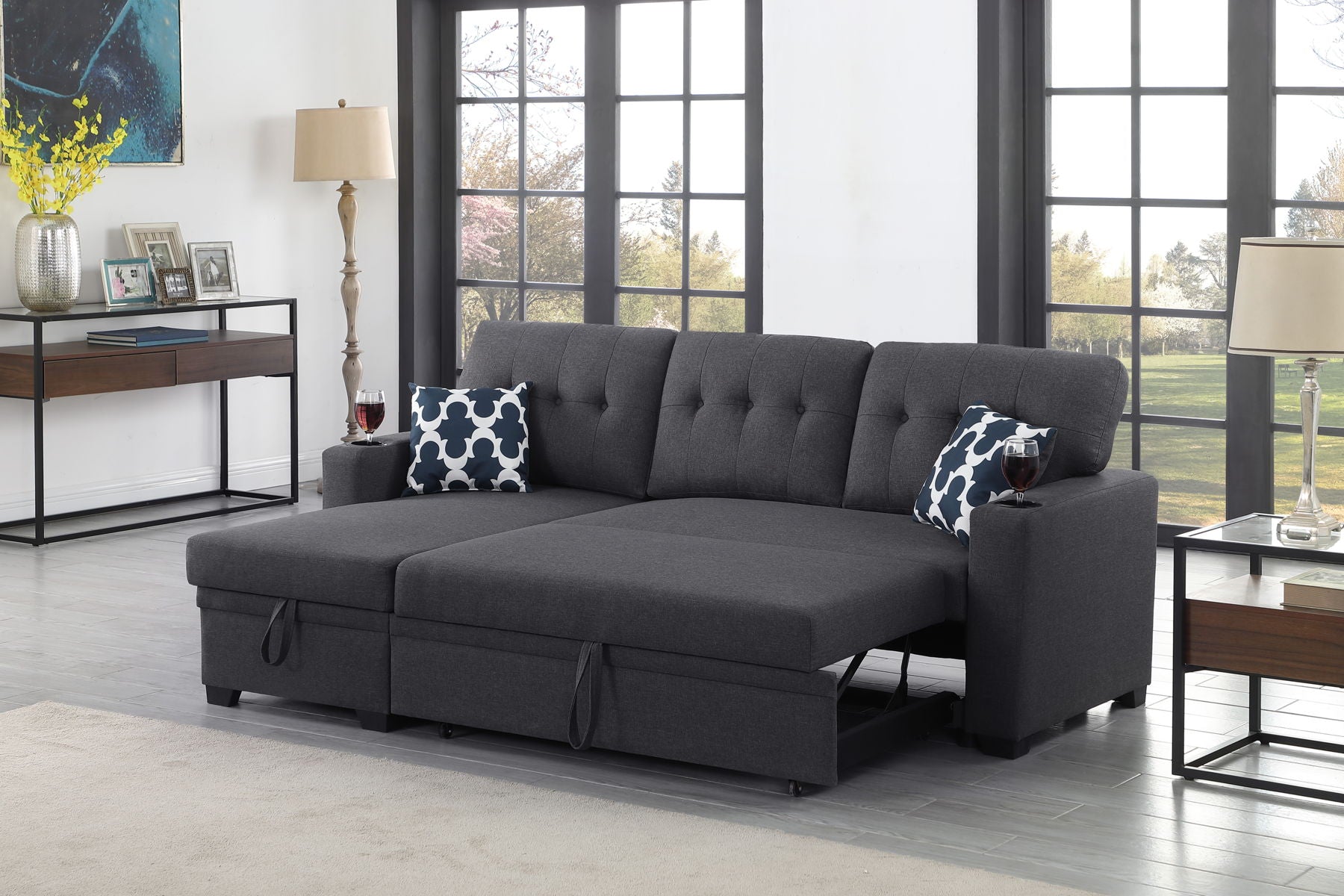 82" Width Sectional With Storage Chaise And Cupholder Armrest