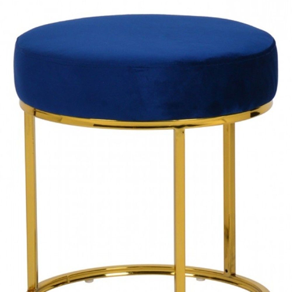 Velvet Round Footstool Ottoman - Blue / Gold