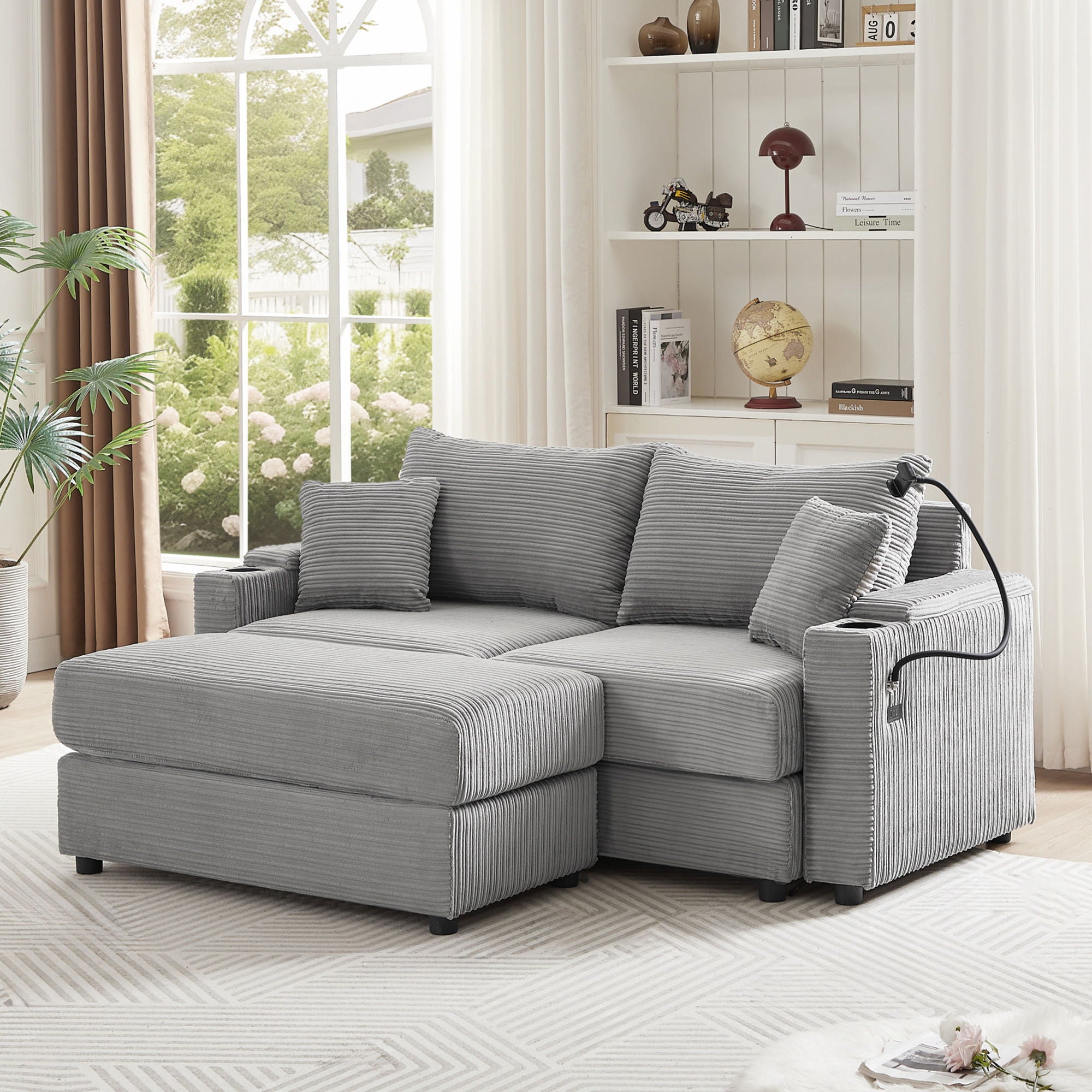 Modern Style Loveseat Sofa Sectional Sofa Couch With Storage Space, A Movable Ottoman, Two USB Ports, Two Cup Holders, A Phone Holder For Living Room