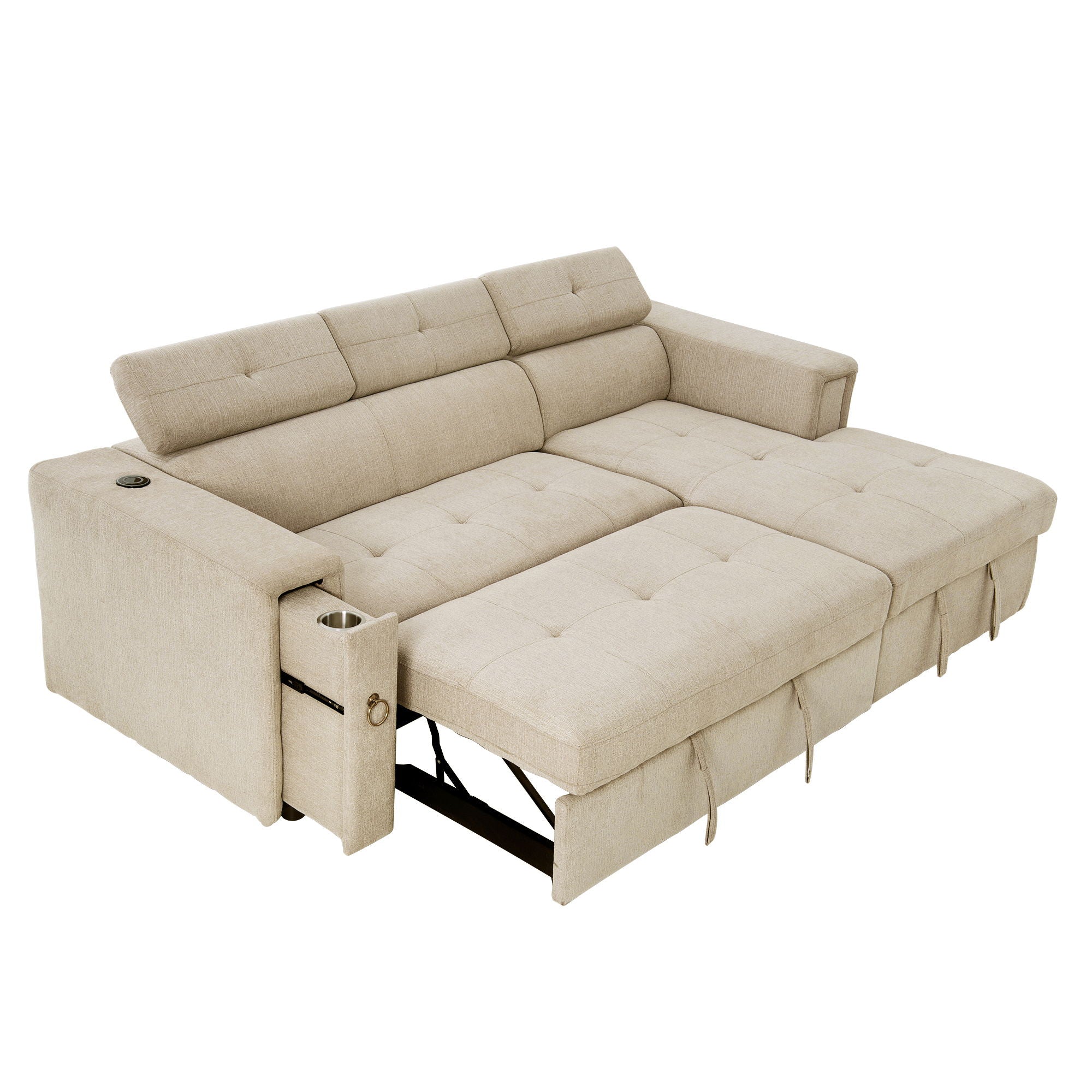 Multi-Functional Pull-Out Sofa Bed L-Shape Sectional Sofa With Adjustable Headrest, Wireless Charging, Cup Holders And Hidden Storage For Living Room