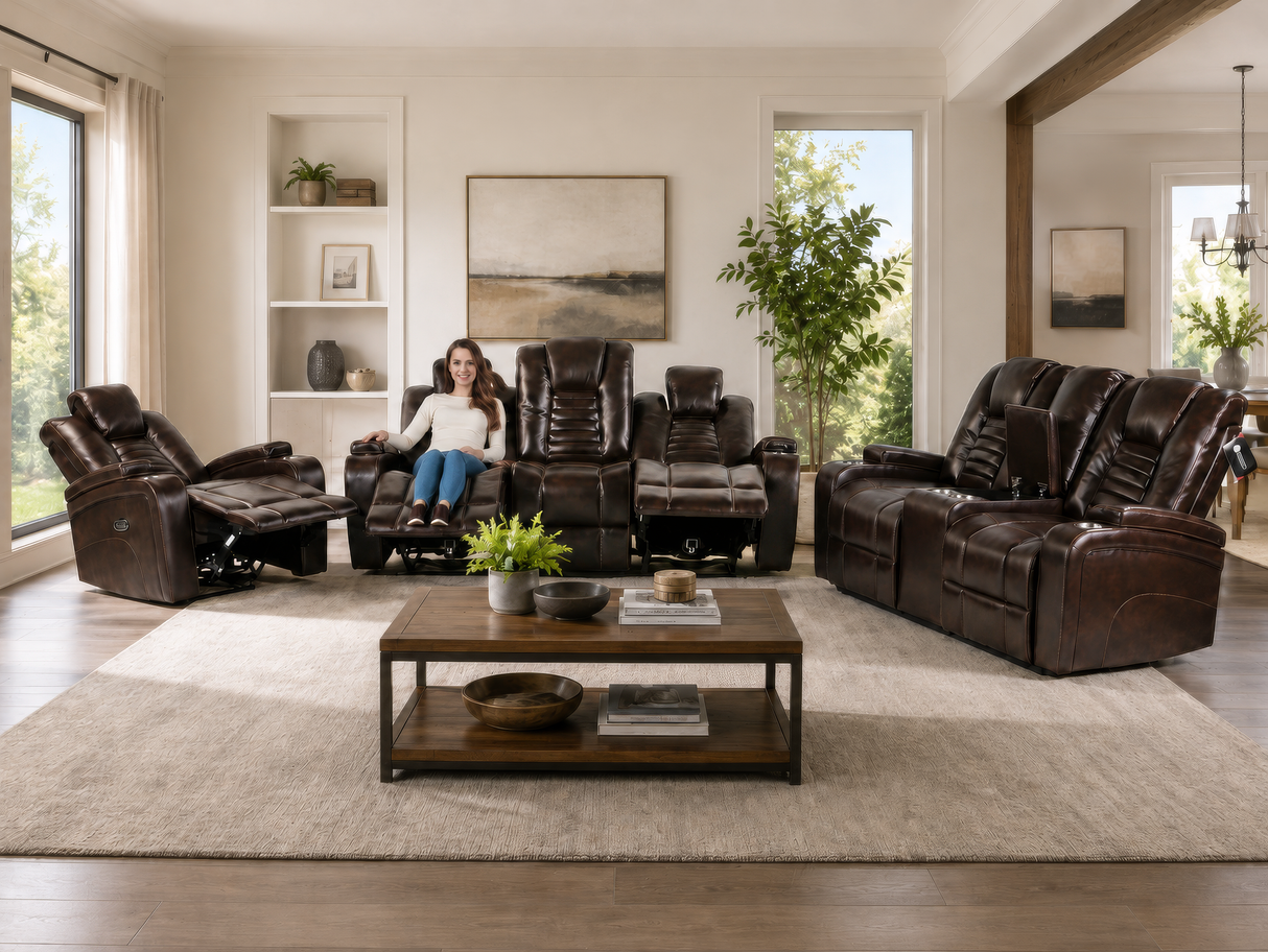 Dark Brown 3-Piece Living Room Set with Power Headrests, LED Lighting, Cup Holders & Storage
