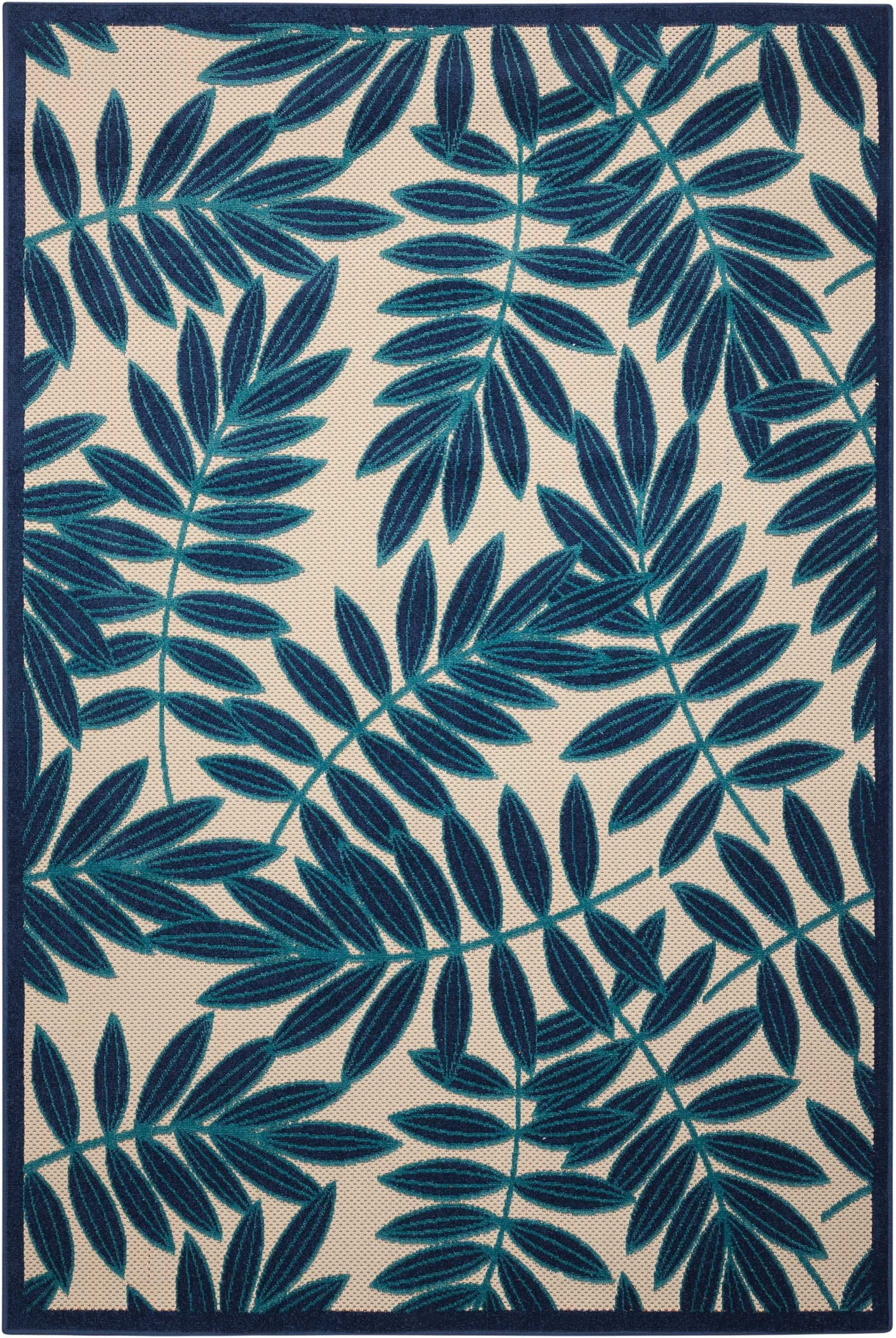 4' X 6' Floral Indoor / Outdoor Area Rug - Blue / Ivory