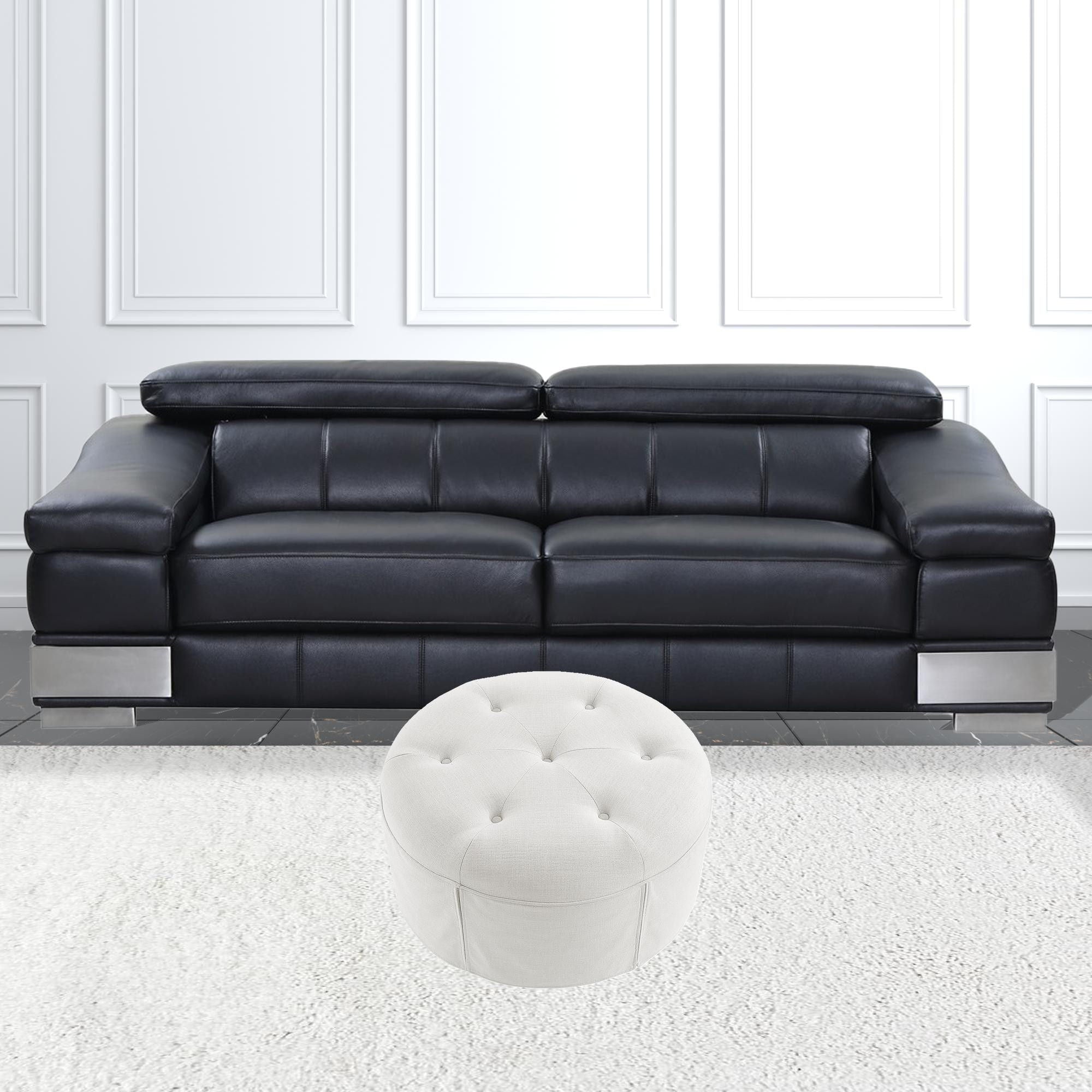 Linen Tufted Round Cocktail Ottoman - White